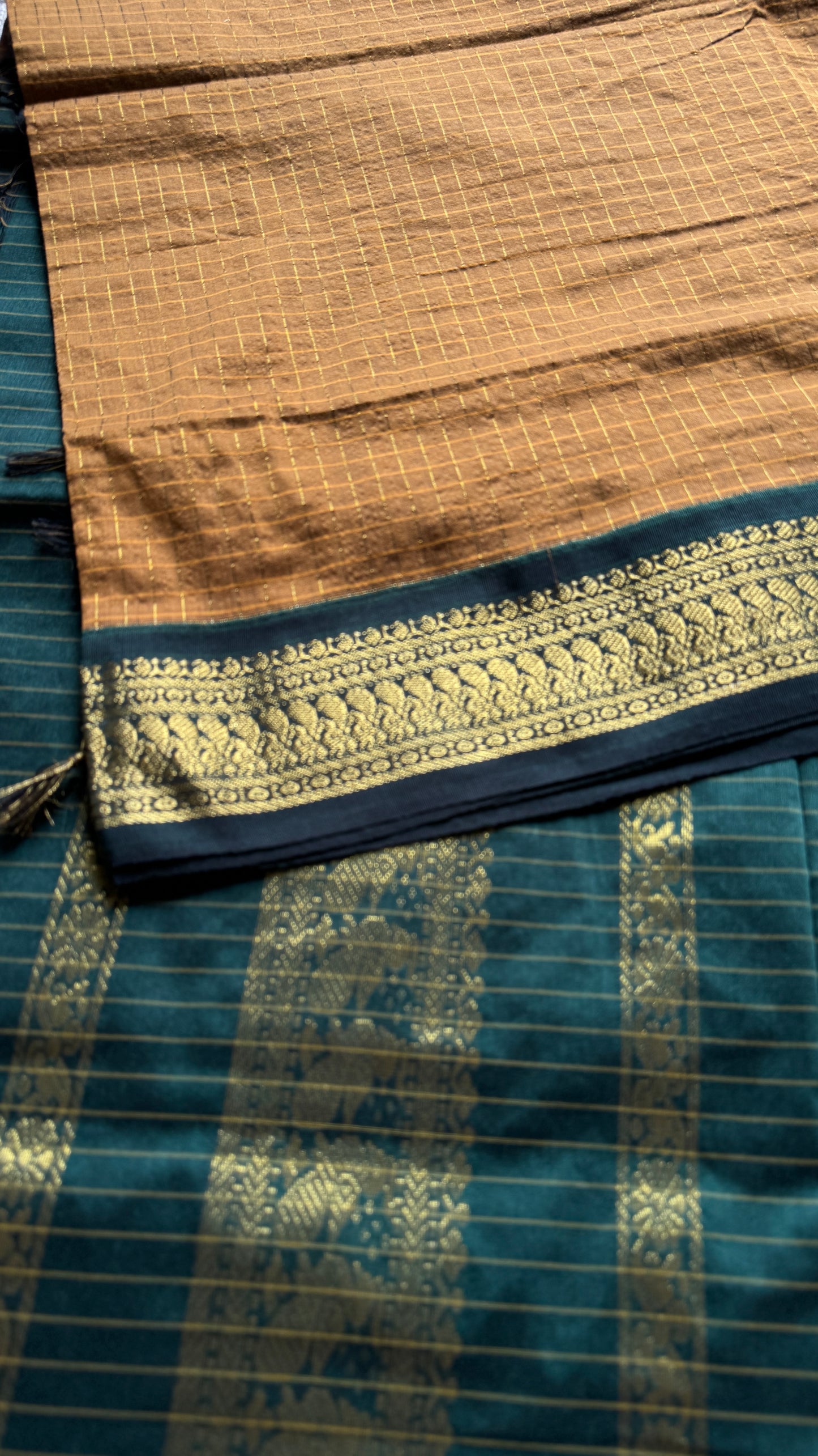 Light Brown - Dark Green, Checks - Kalyani Cotton Silk - YCCOTNKCSC07