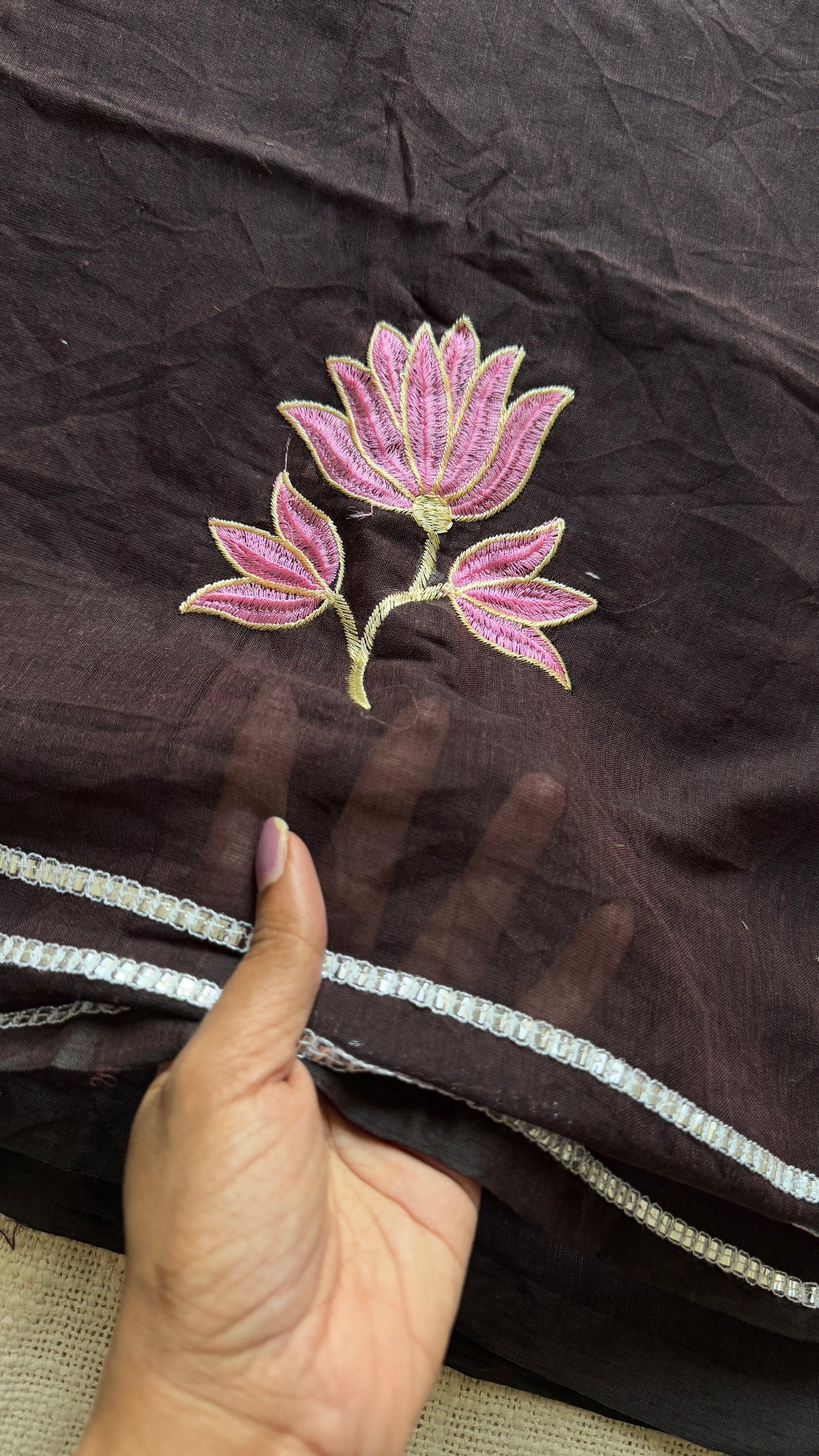 Brown & Pink Floral Embroidery - Mul Cotton