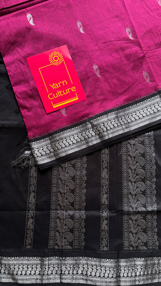 Dark Pink - Black, Silver Zari - Kalyani Cotton Silk - YCCOTNKCSB01