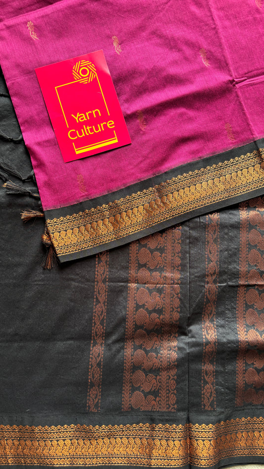 Magenta Pink - Black, Copper Zari - Kalyani Cotton Silk - YCCOTNKCSB02