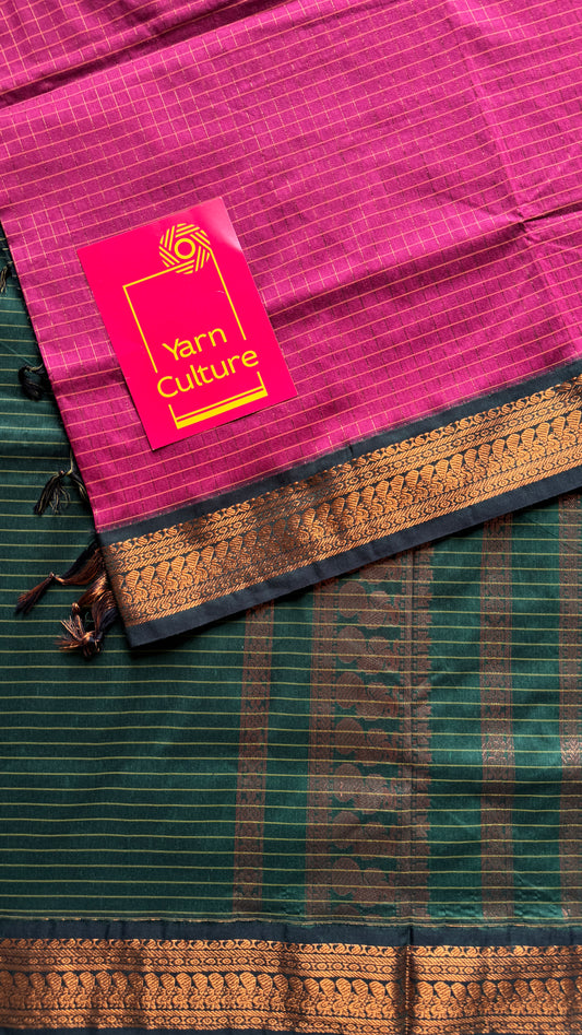 Dark Pink - Dark Green, Checks - Kalyani Cotton Silk - YCCOTNKCSC09