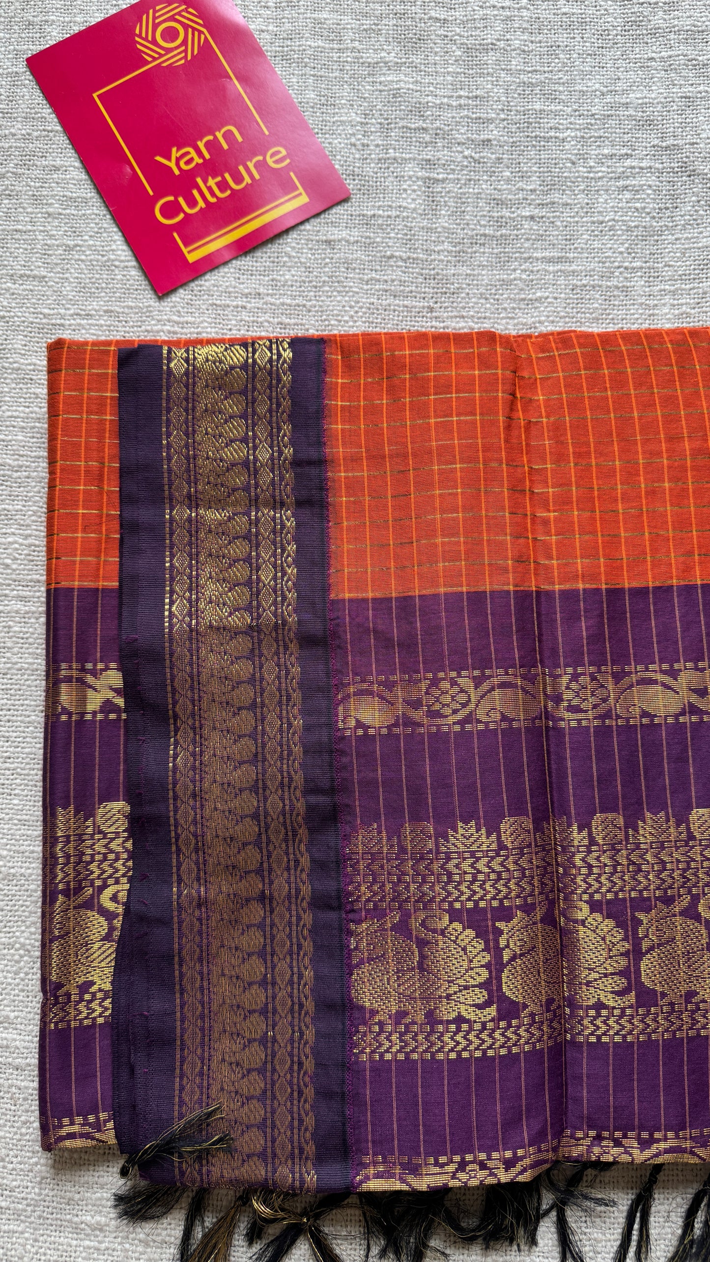 Dark Orange - Purple, Checks - Kalyani Cotton Silk - YCCOTNKCSC10