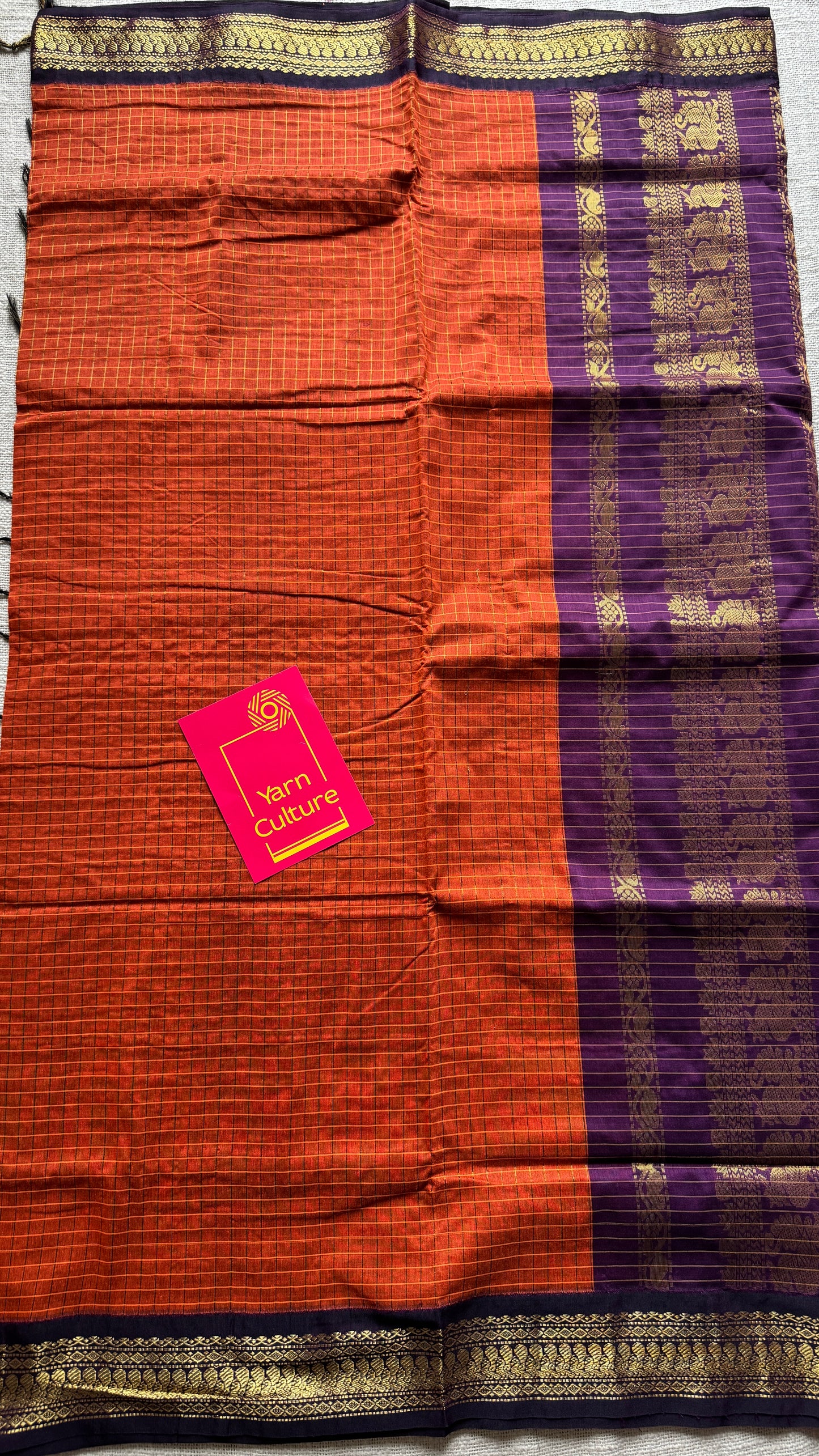 Dark Orange - Purple, Checks - Kalyani Cotton Silk - YCCOTNKCSC10