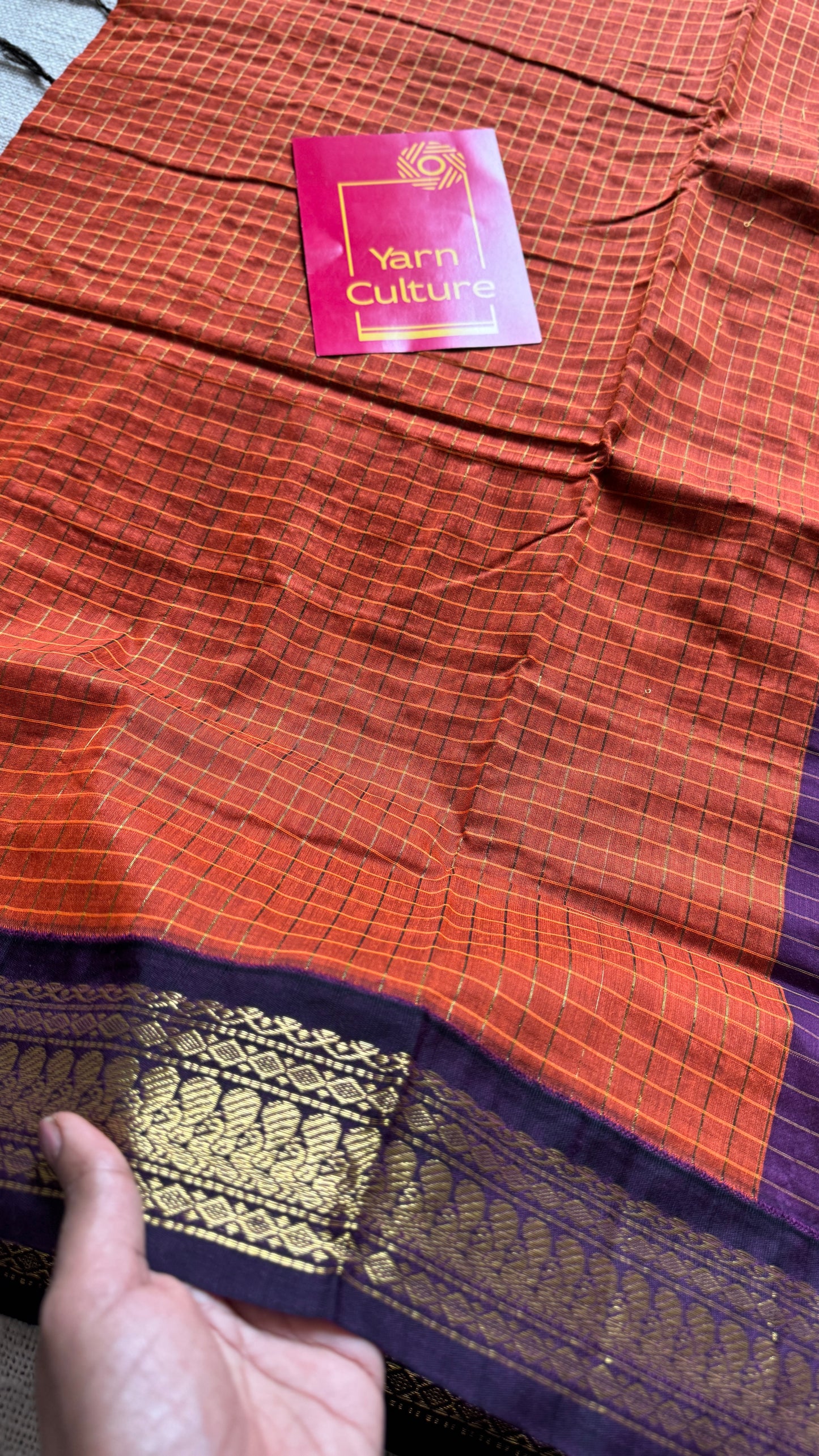 Dark Orange - Purple, Checks - Kalyani Cotton Silk - YCCOTNKCSC10