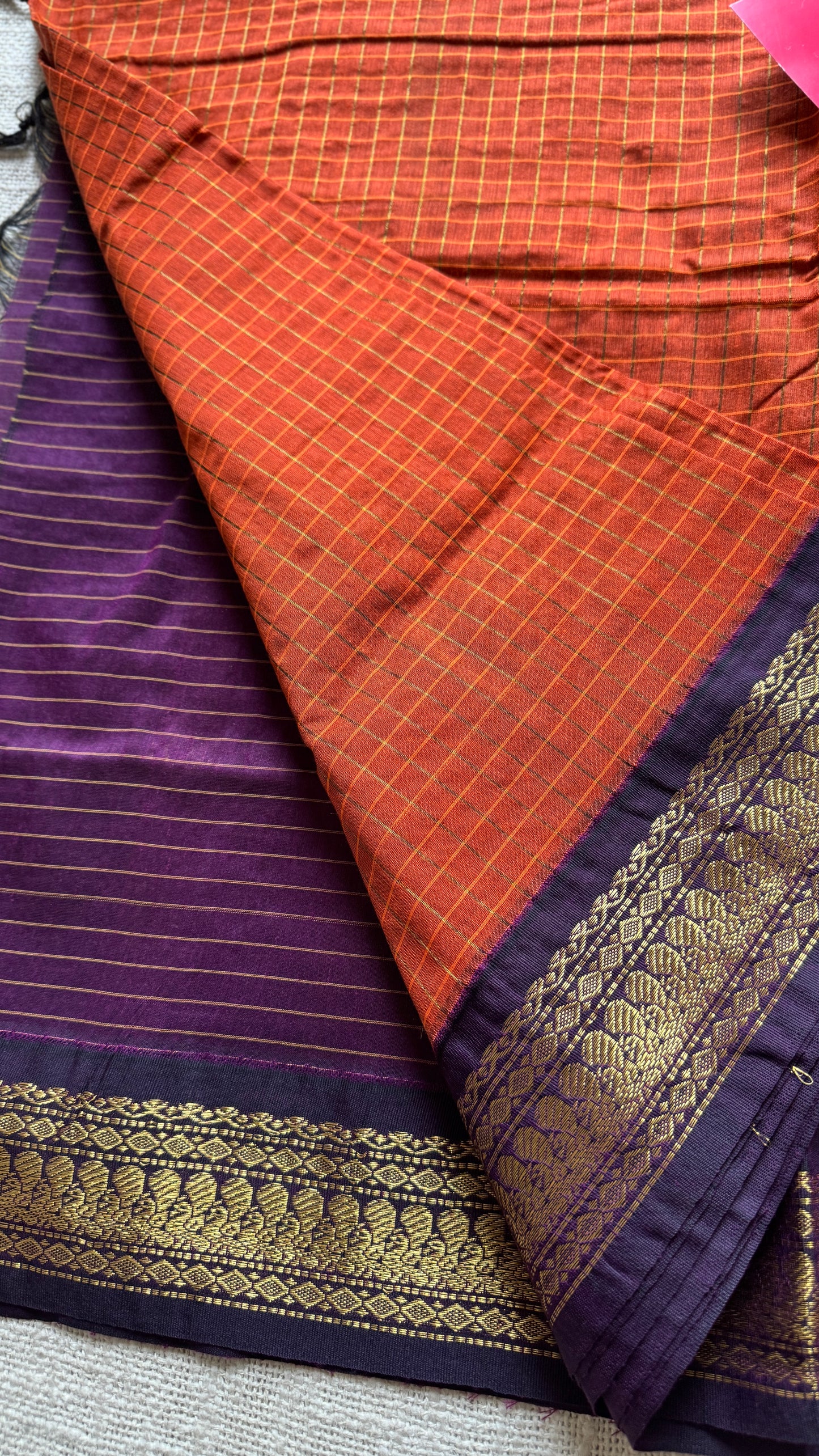 Dark Orange - Purple, Checks - Kalyani Cotton Silk - YCCOTNKCSC10