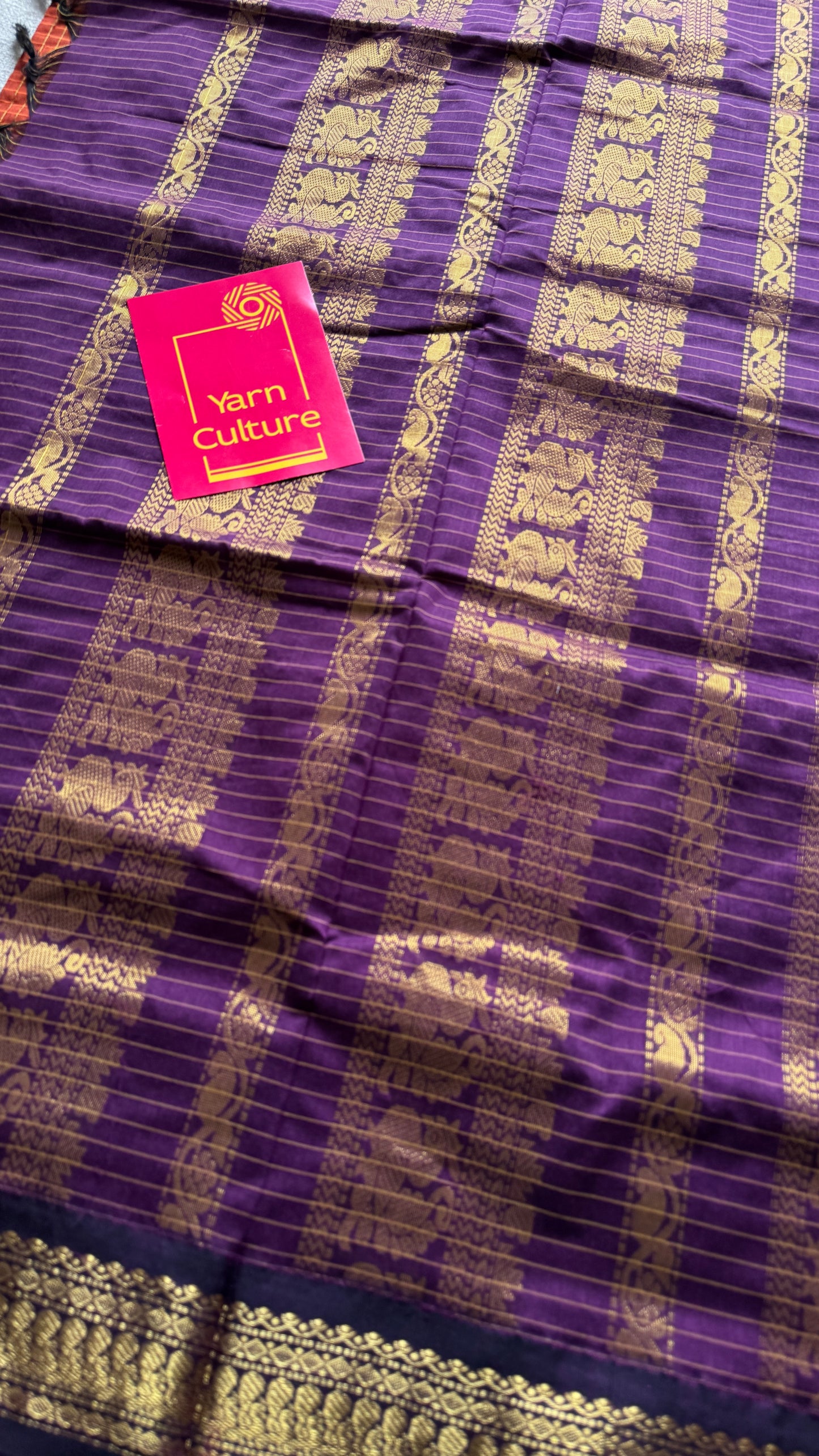 Dark Orange - Purple, Checks - Kalyani Cotton Silk - YCCOTNKCSC10