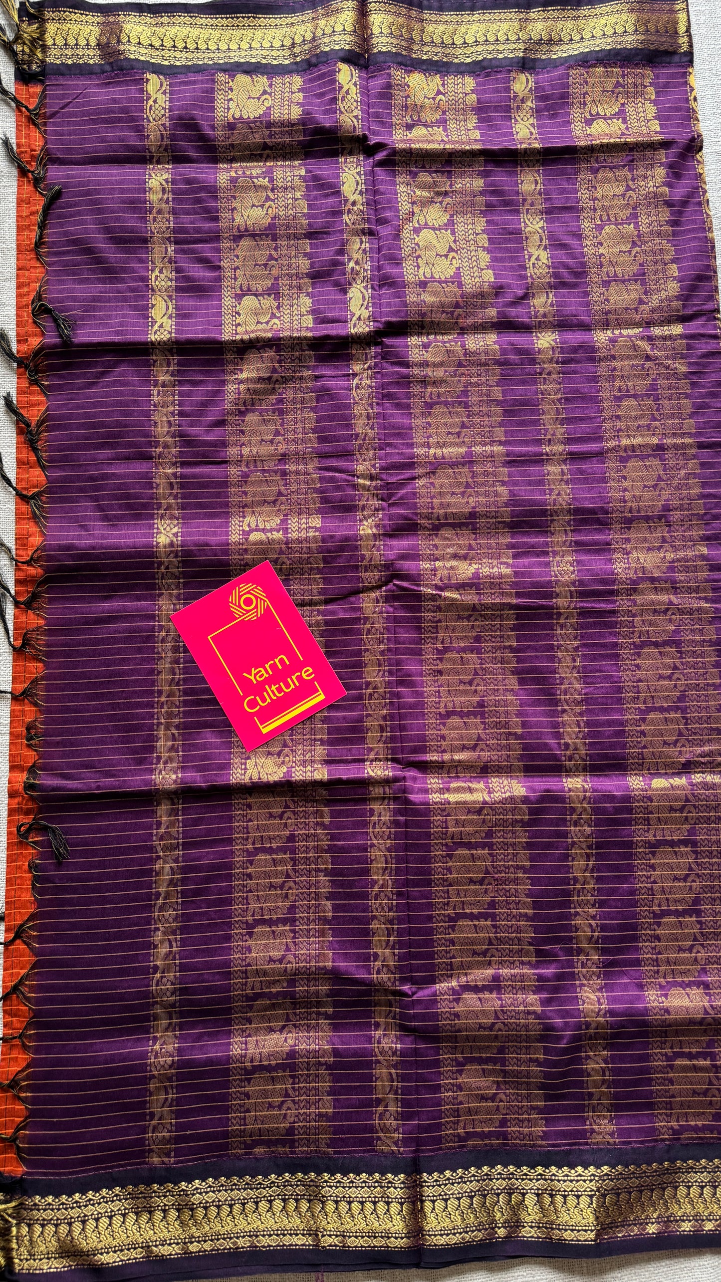Dark Orange - Purple, Checks - Kalyani Cotton Silk - YCCOTNKCSC10