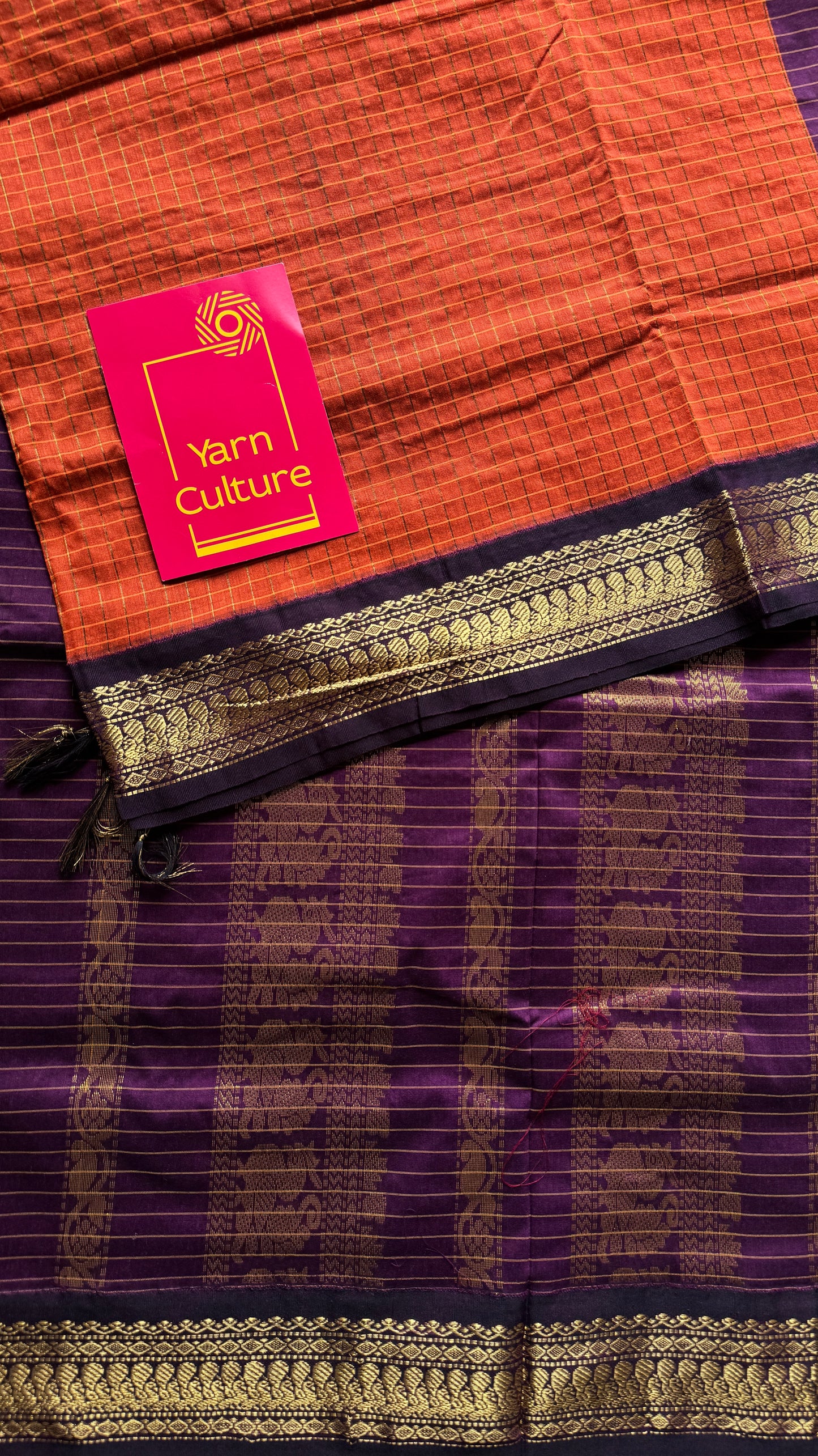 Dark Orange - Purple, Checks - Kalyani Cotton Silk - YCCOTNKCSC10