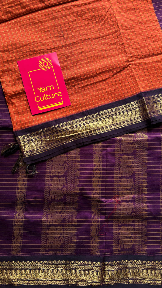 Dark Orange - Purple, Checks - Kalyani Cotton Silk - YCCOTNKCSC10