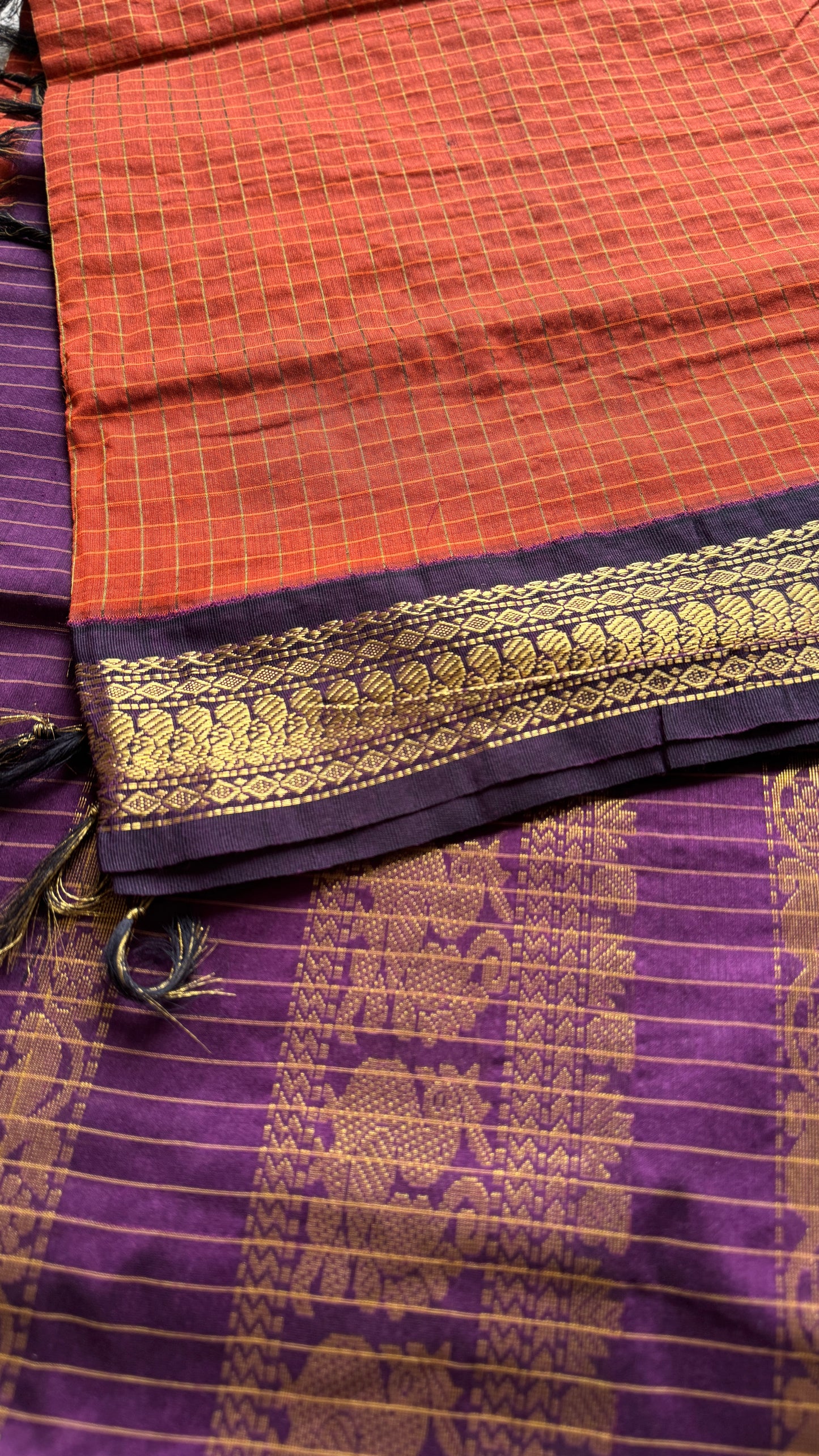 Dark Orange - Purple, Checks - Kalyani Cotton Silk - YCCOTNKCSC10