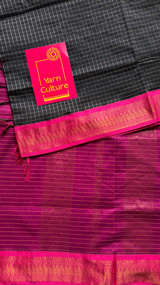 Black - Hot Pink, Checks - Kalyani Cotton Silk - YCCOTNKCSC11
