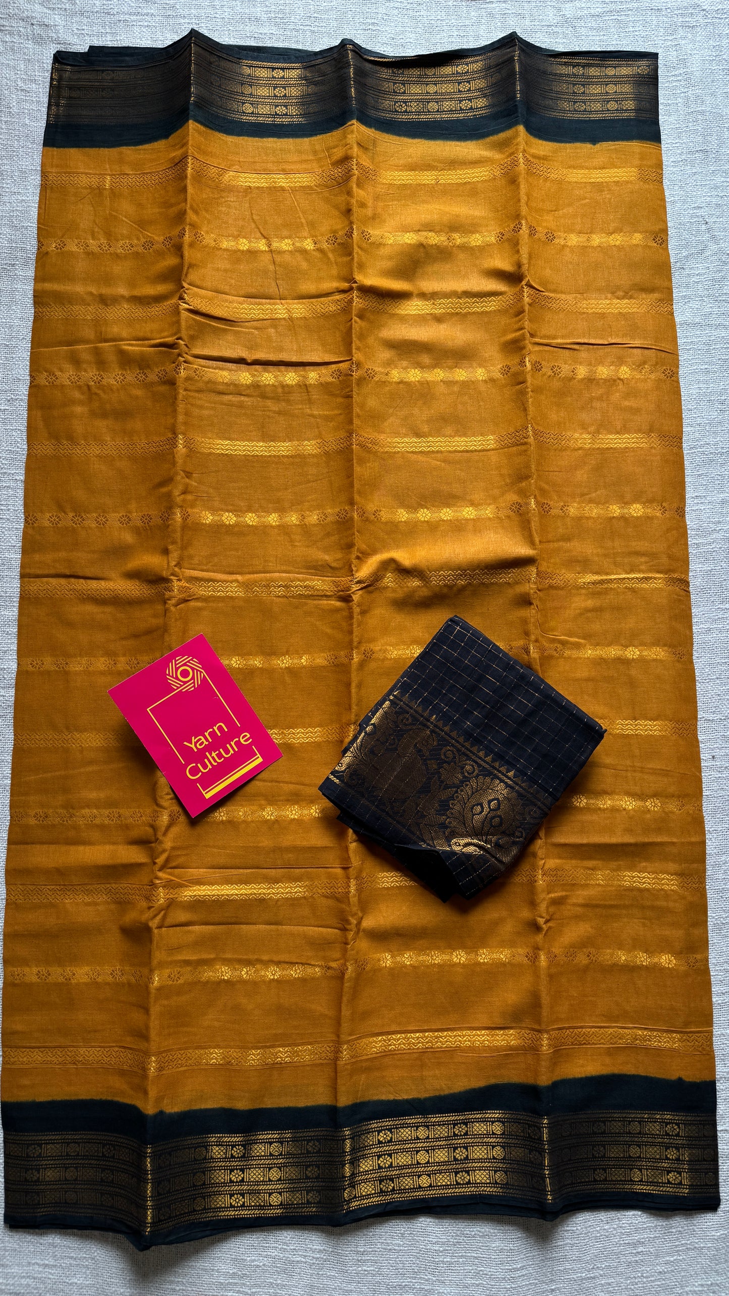 Turmeric Yellow - Black, Striped Motif Body, Rudraksham Border - Madurai Sungudi cotton - YCCOTNSSP01