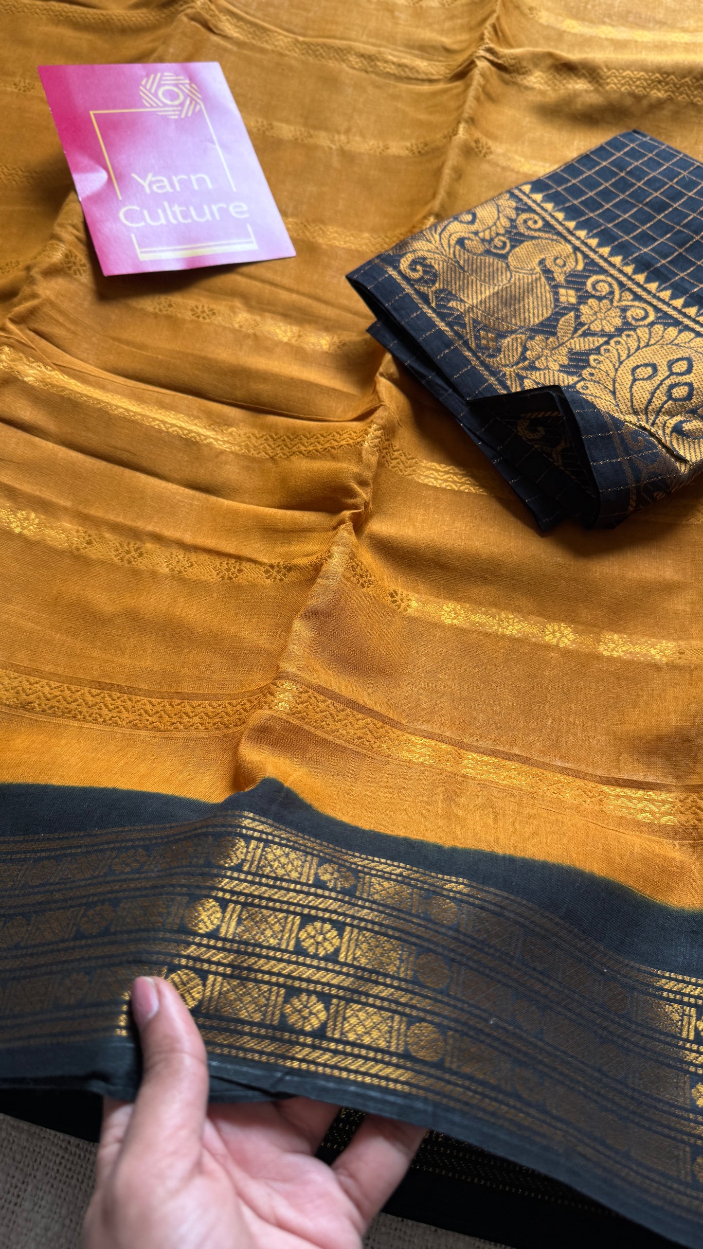 Turmeric Yellow - Black, Striped Motif Body, Rudraksham Border - Madurai Sungudi cotton - YCCOTNSSP01