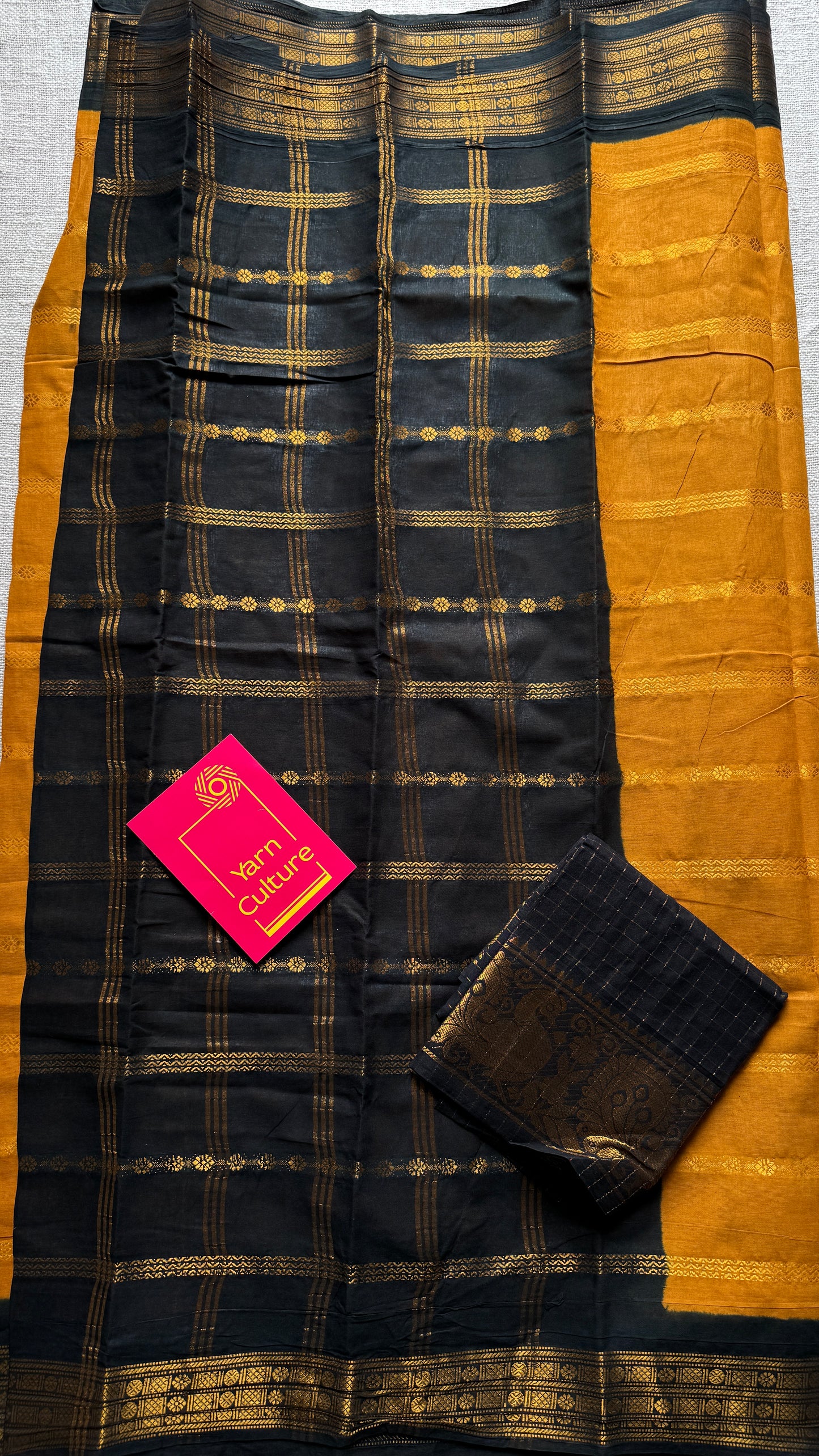 Turmeric Yellow - Black, Striped Motif Body, Rudraksham Border - Madurai Sungudi cotton - YCCOTNSSP01