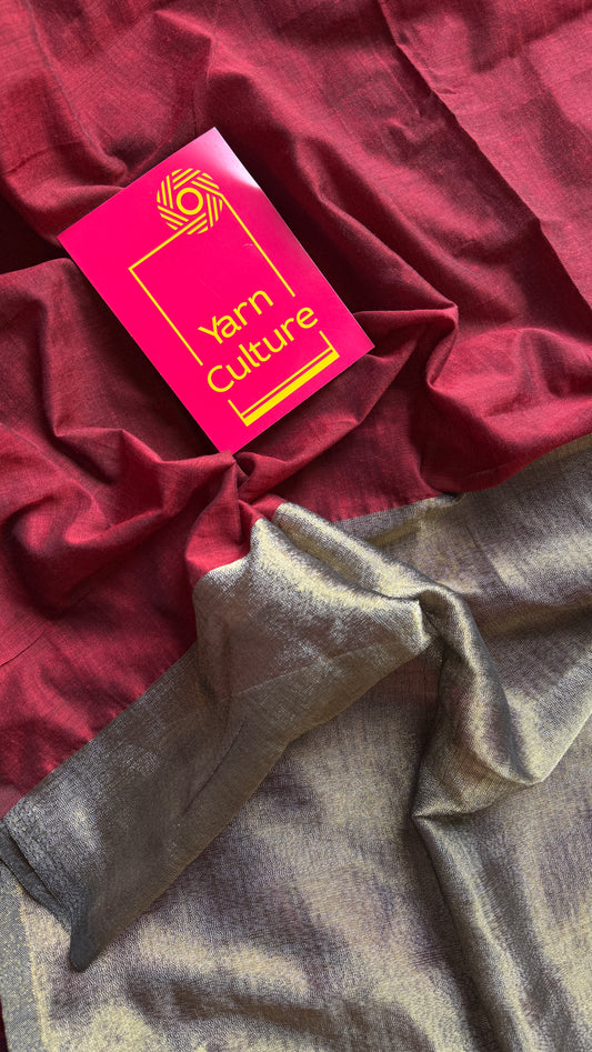 Maroon Mirage - Maroon with silver gold dual tone pallu, soft khadi cotton