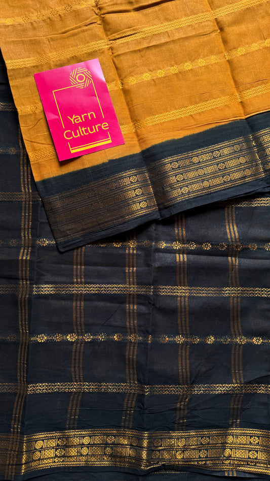 Turmeric Yellow - Black, Striped Motif Body, Rudraksham Border - Madurai Sungudi cotton - YCCOTNSSP01