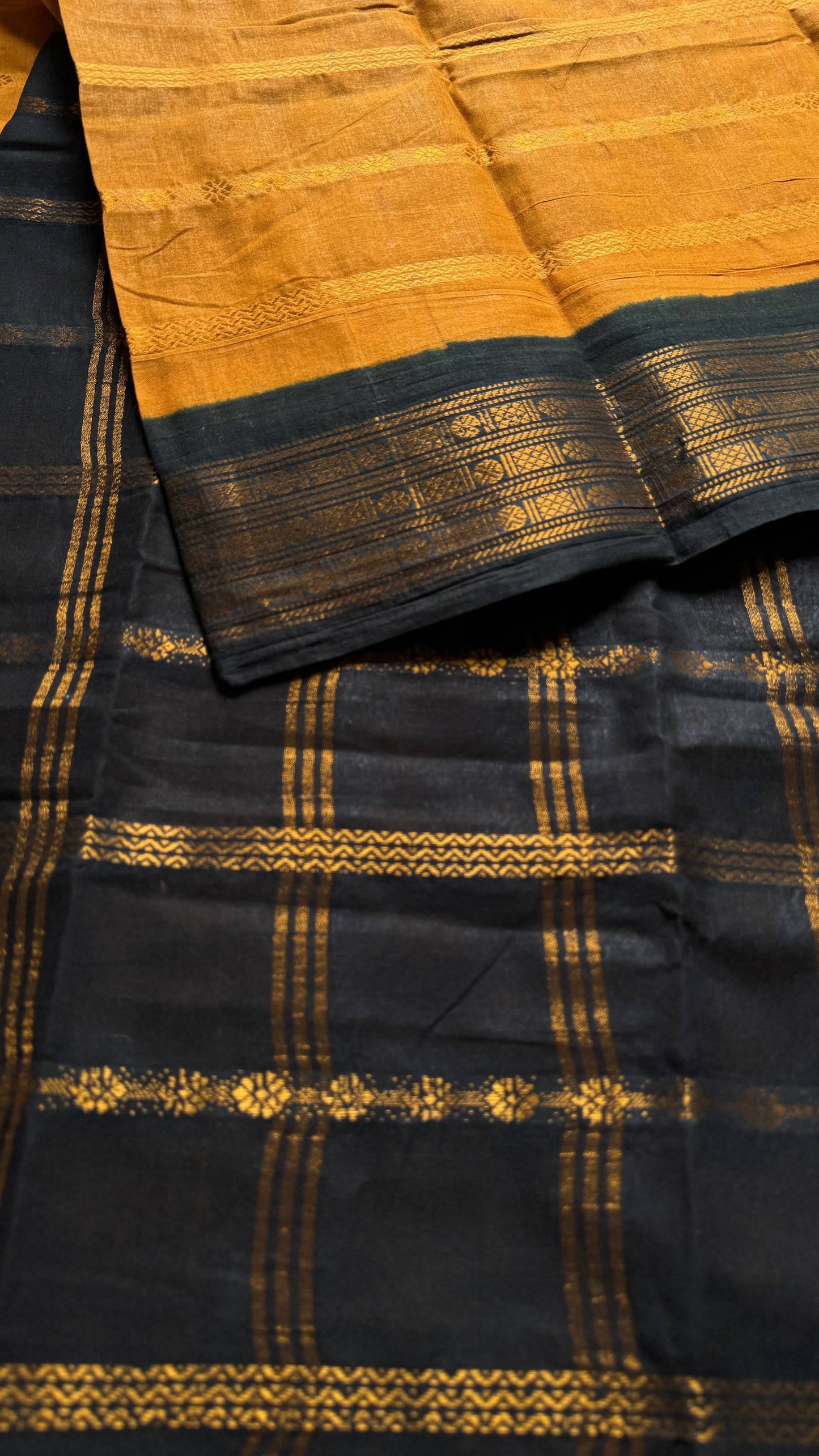 Turmeric Yellow - Black, Striped Motif Body, Rudraksham Border - Madurai Sungudi cotton - YCCOTNSSP01