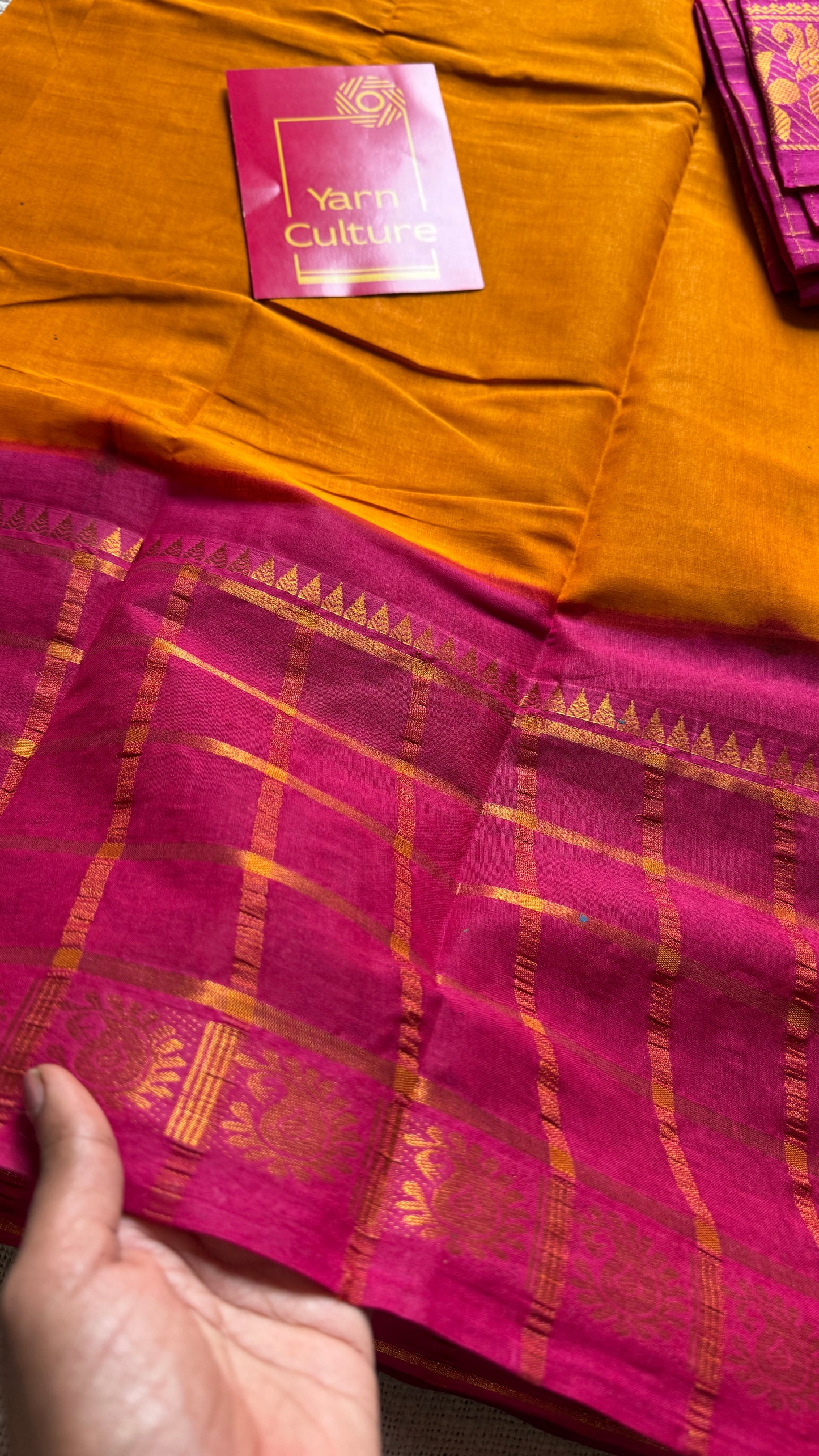 Yellow - Hot Pink, Kattam (Checkered) Border - Madurai Sungudi cotton - YCCOTNSKCB02