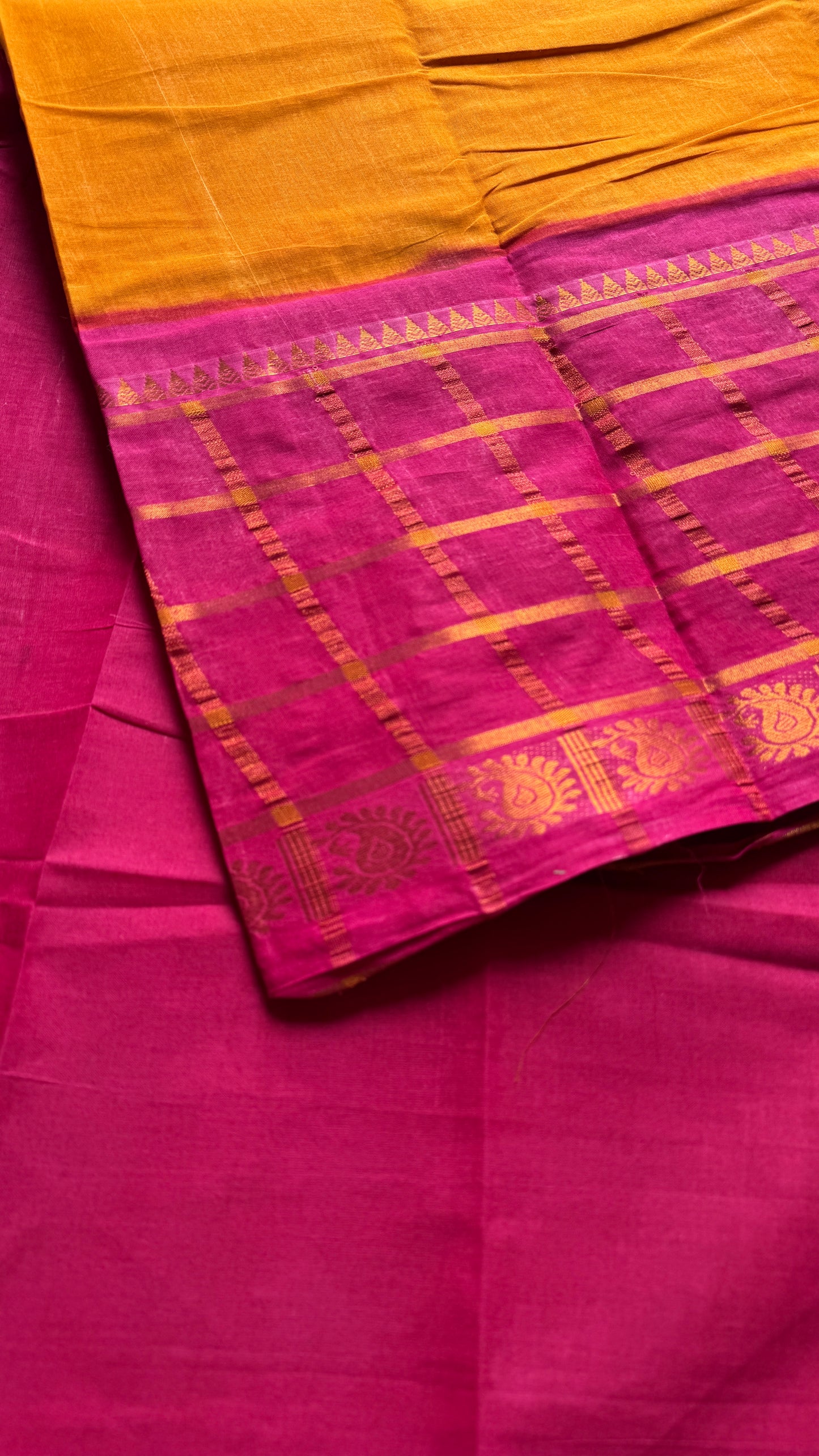 Yellow - Hot Pink, Kattam (Checkered) Border - Madurai Sungudi cotton - YCCOTNSKCB02