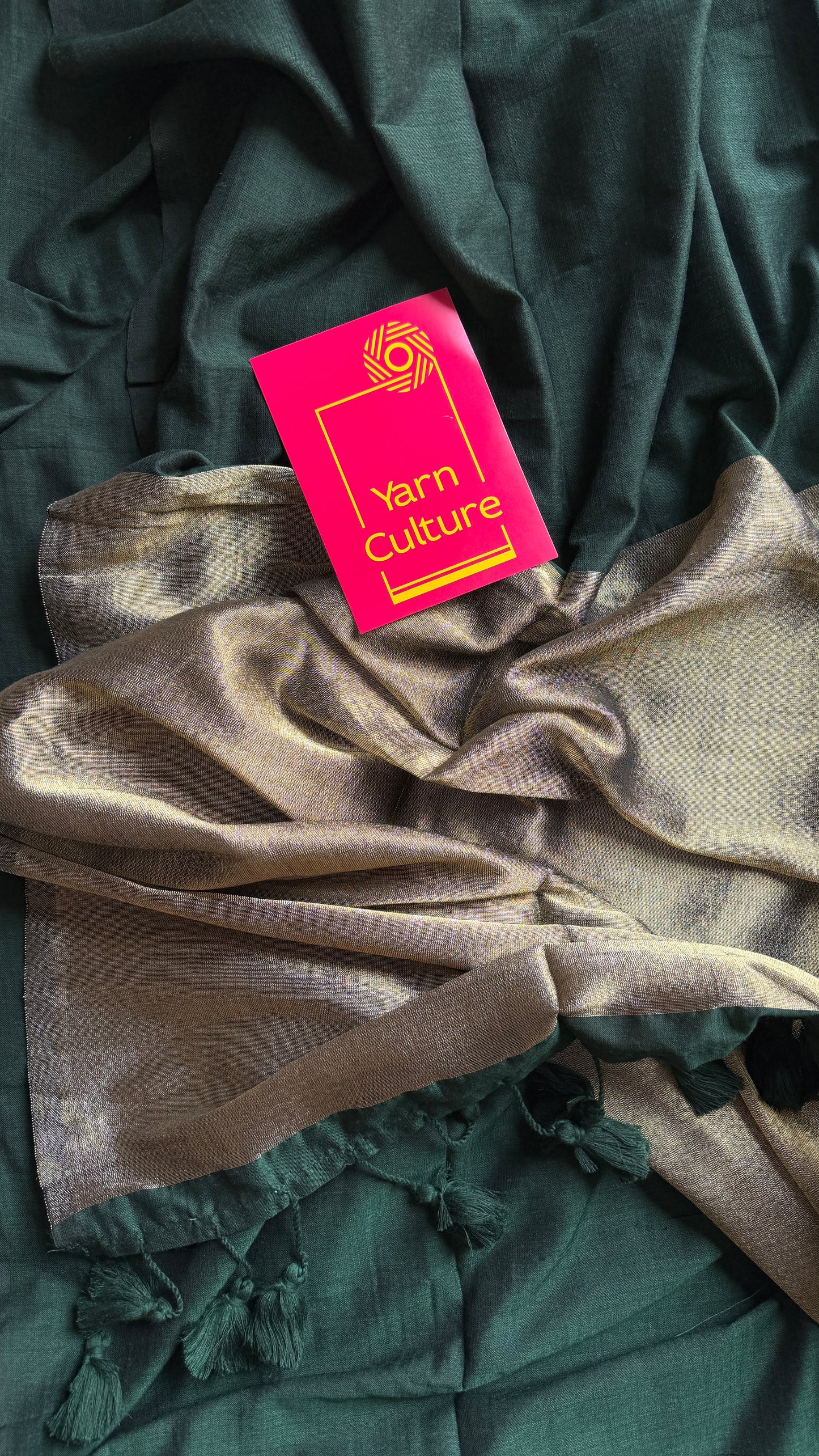 Emerald Glow - Dark green with silver gold dual tone pallu, soft khadi cotton YCBCKGP05