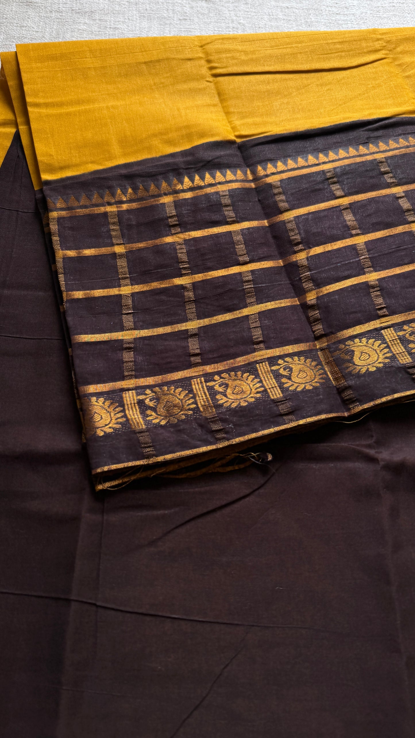 Yellow - Dark Brown, Kattam (Checkered) Border - Madurai Sungudi cotton - YCCOTNSKCB01