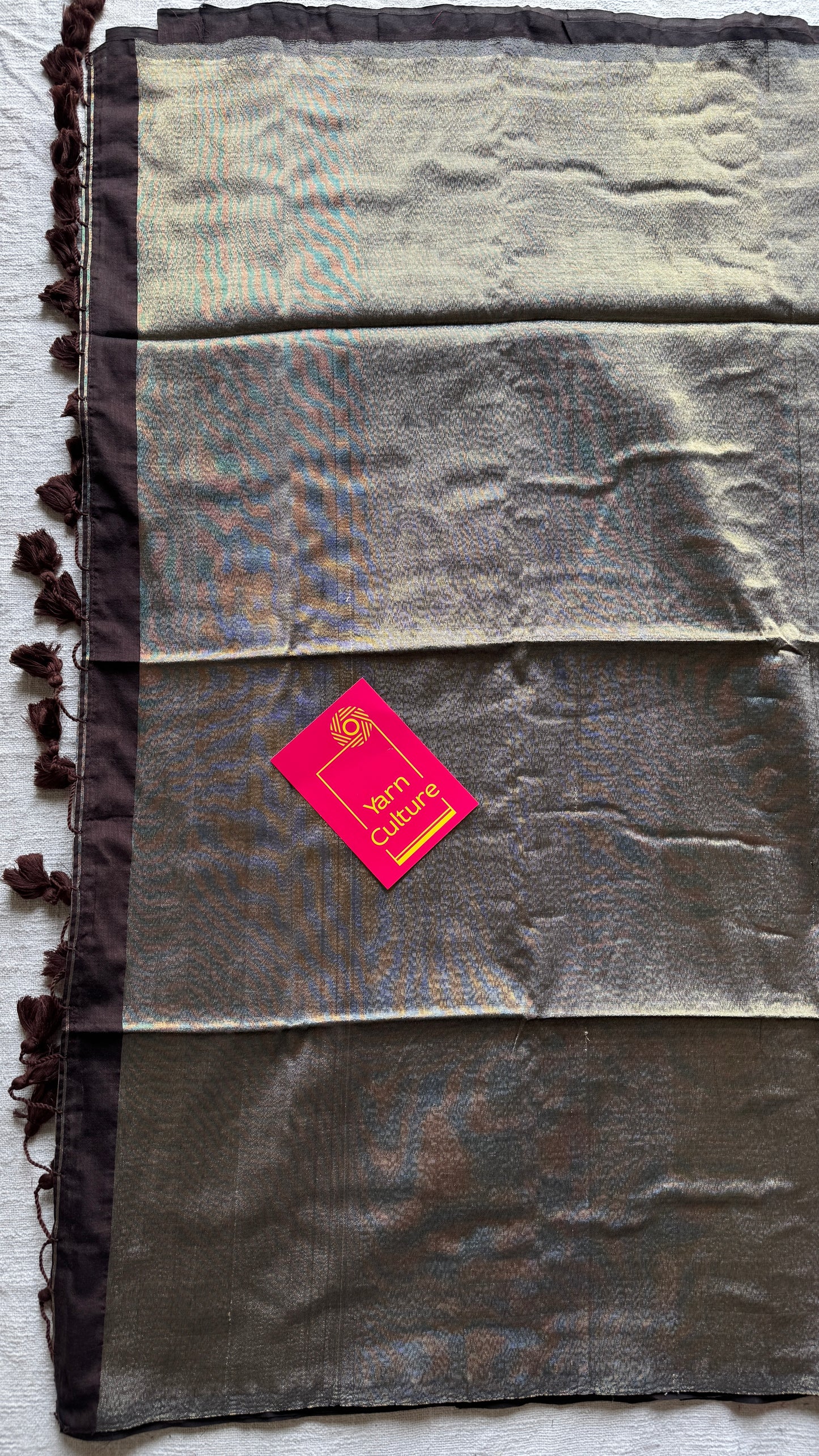 Brown Gleam - Dark brown with silver gold dual tone pallu, soft khadi cotton