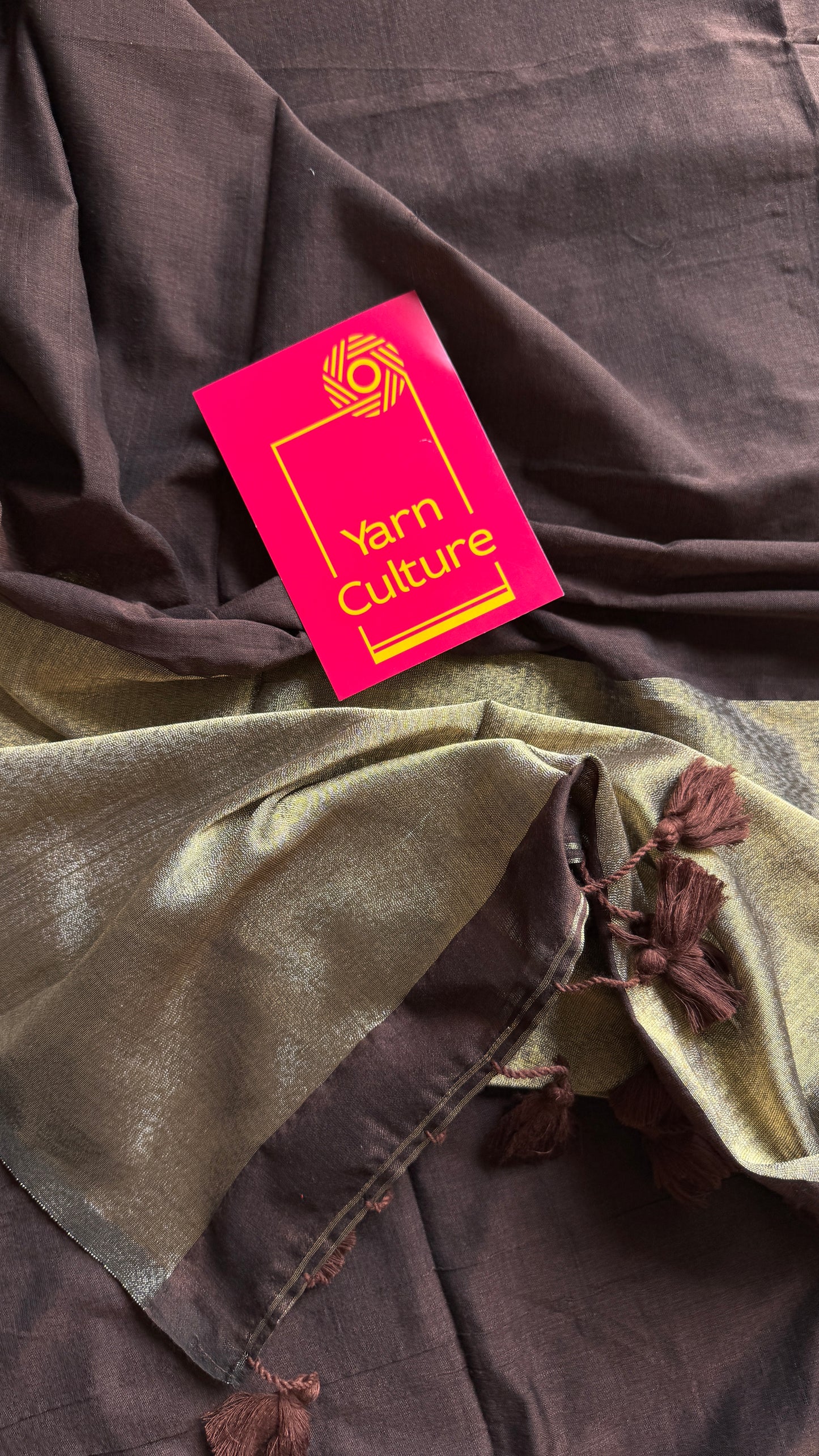 Brown Gleam - Dark brown with silver gold dual tone pallu, soft khadi cotton