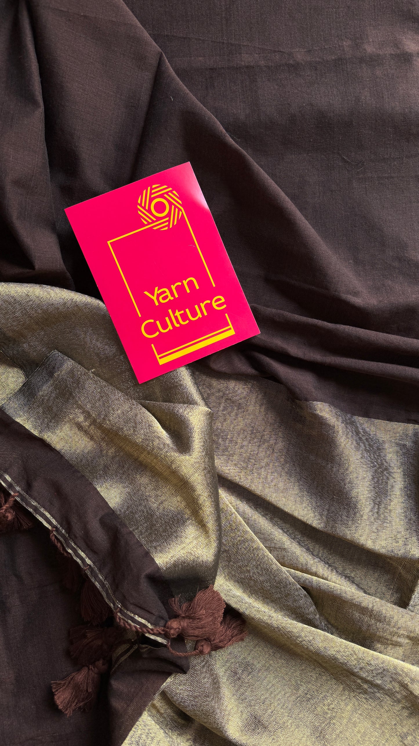 Brown Gleam - Dark brown with silver gold dual tone pallu, soft khadi cotton