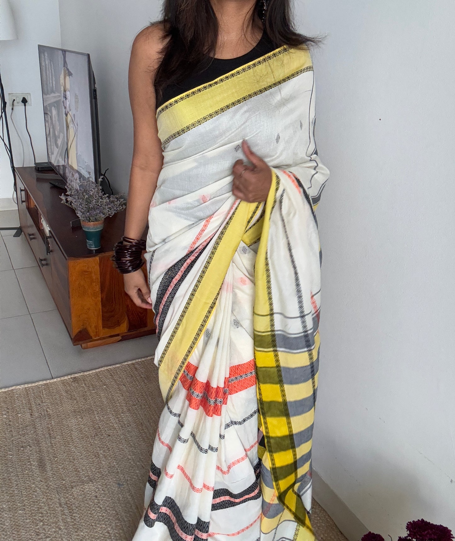 Cream, yellow, black - Khadi Soft Cotton YCBCKS09