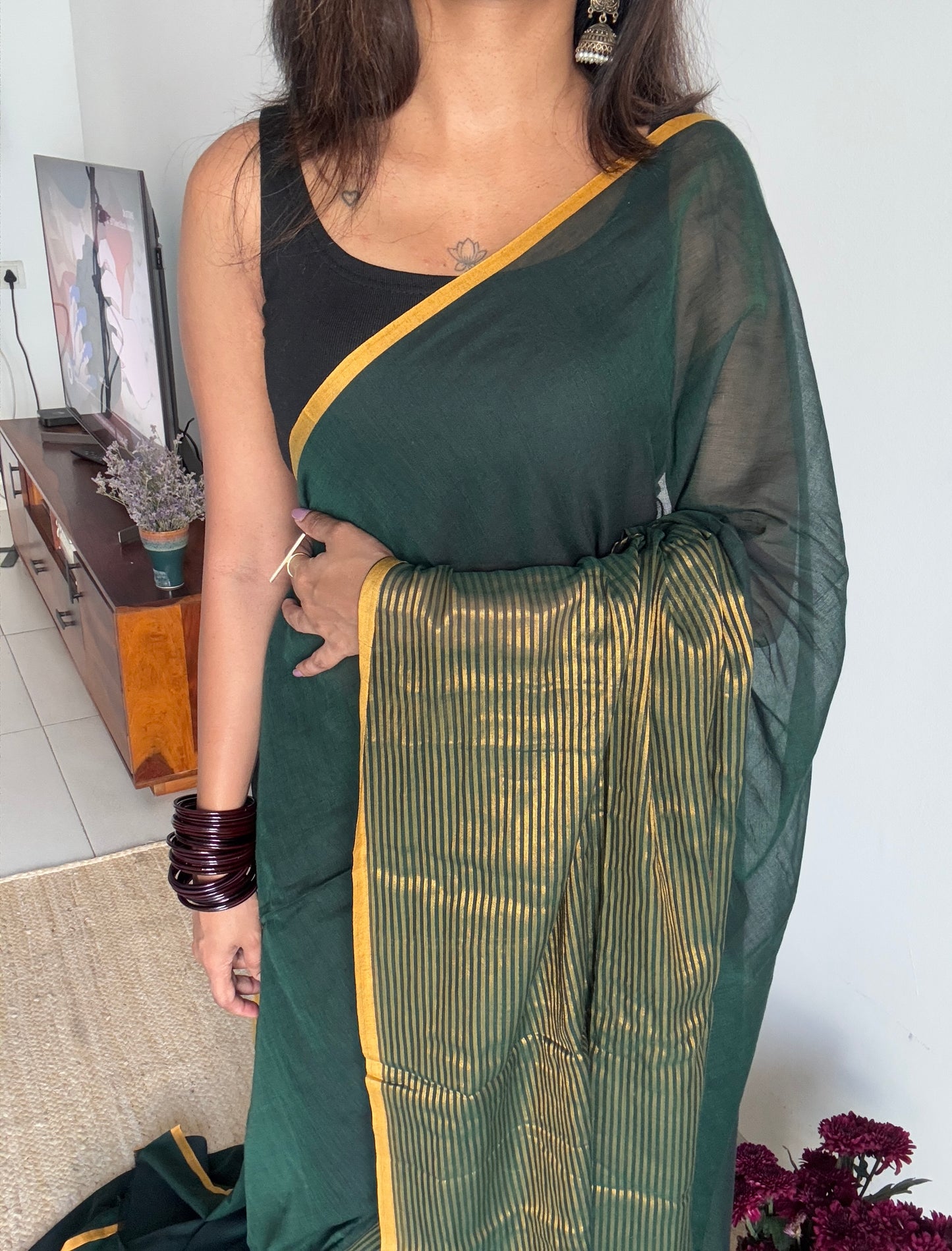 Dark green gold zari stripes - Mul Cotton YCBCBZS03