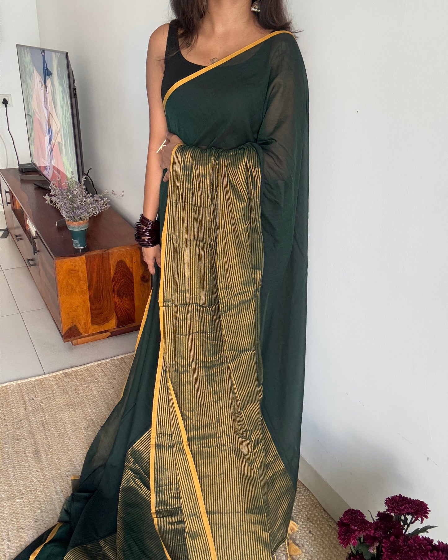 Dark green gold zari stripes - Mul Cotton YCBCBZS03