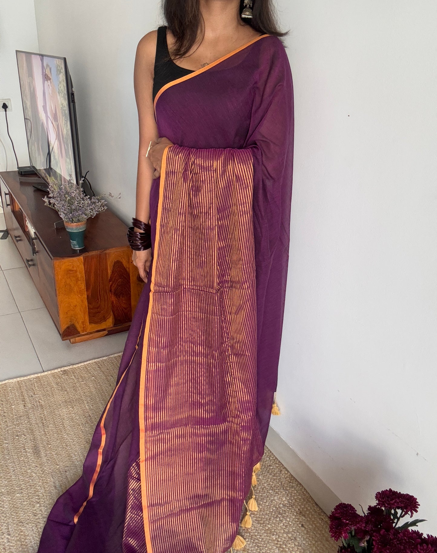 Purple Pink gold zari stripes - Mul Cotton YCBCBZS04