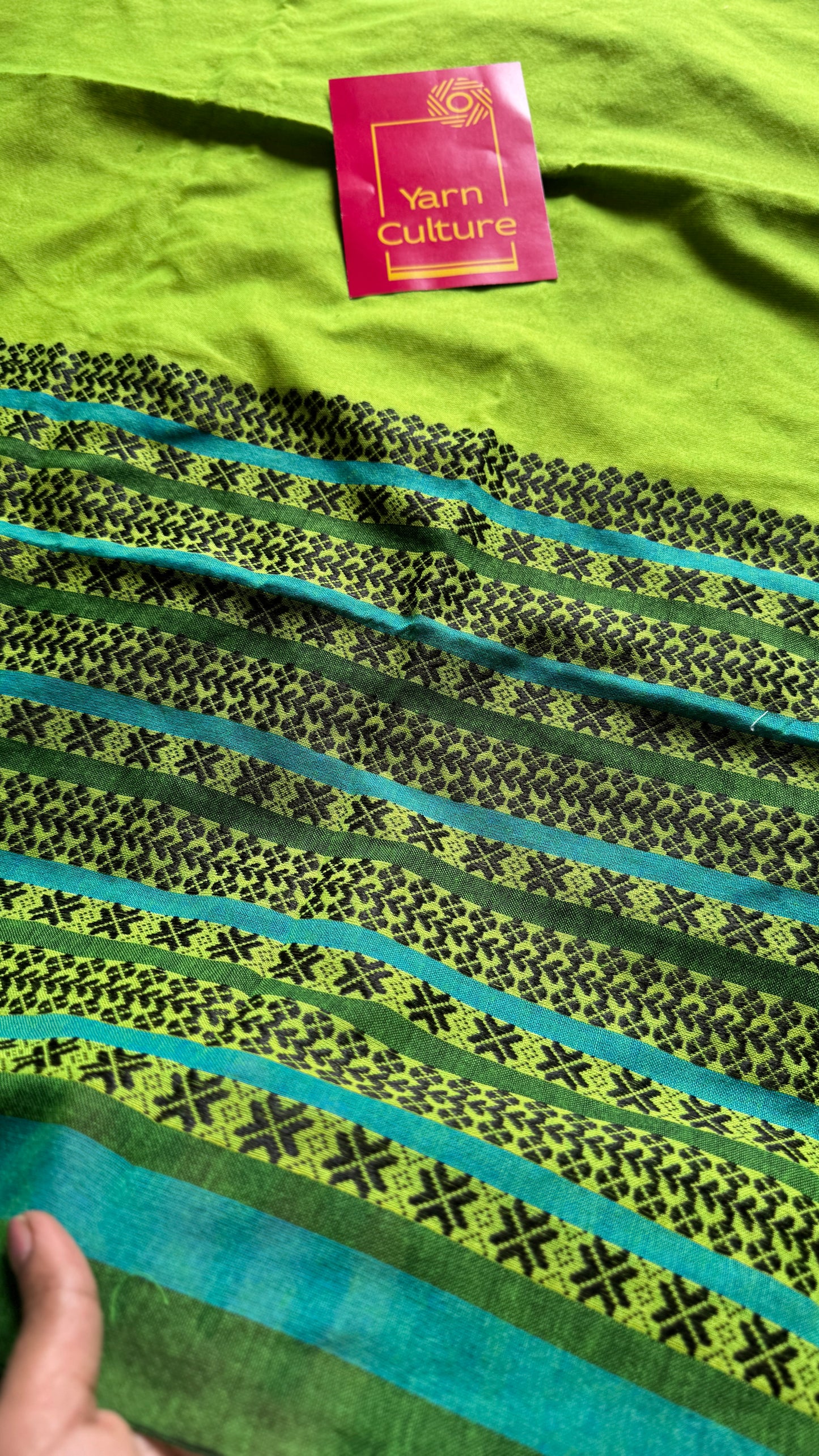 Bright green with aqua blue and black thread work, soft cotton - YCBCBK03