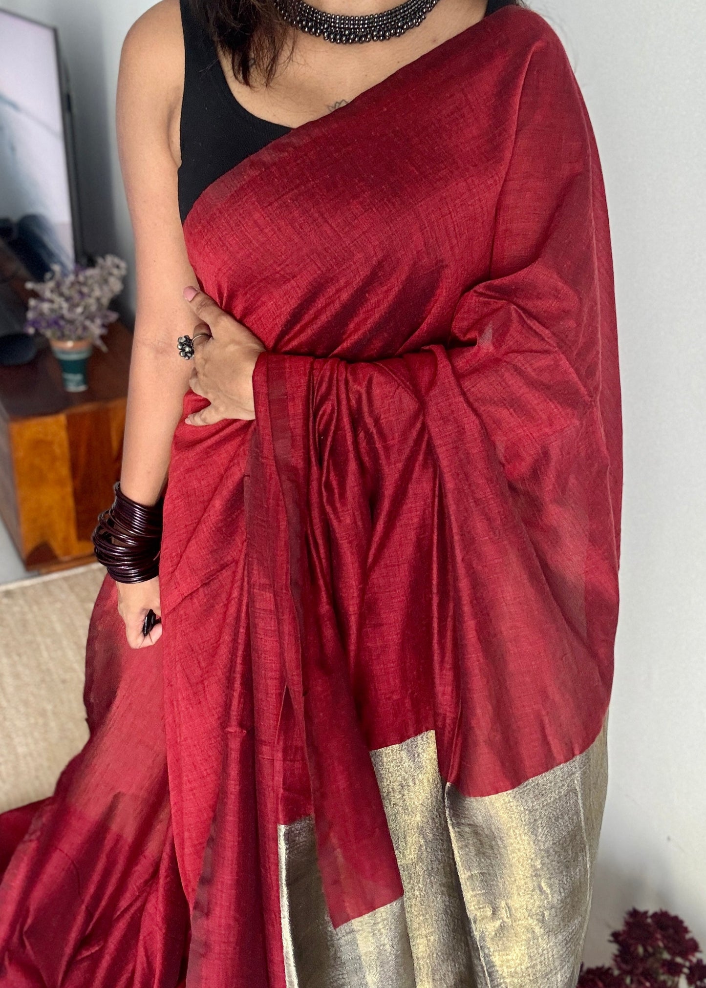 Maroon Mirage - Maroon with silver gold dual tone pallu, soft khadi cotton