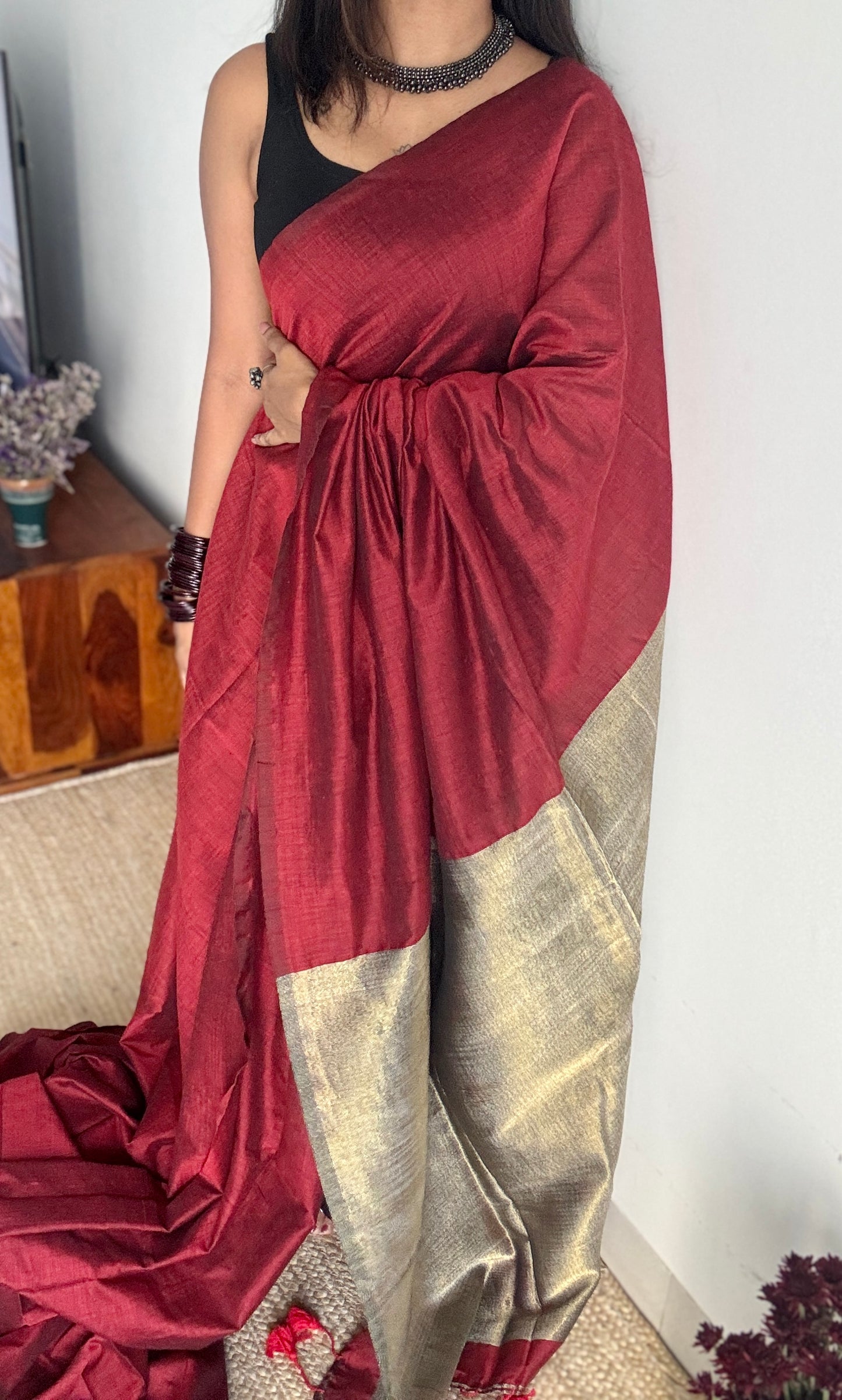 Maroon Mirage - Maroon with silver gold dual tone pallu, soft khadi cotton