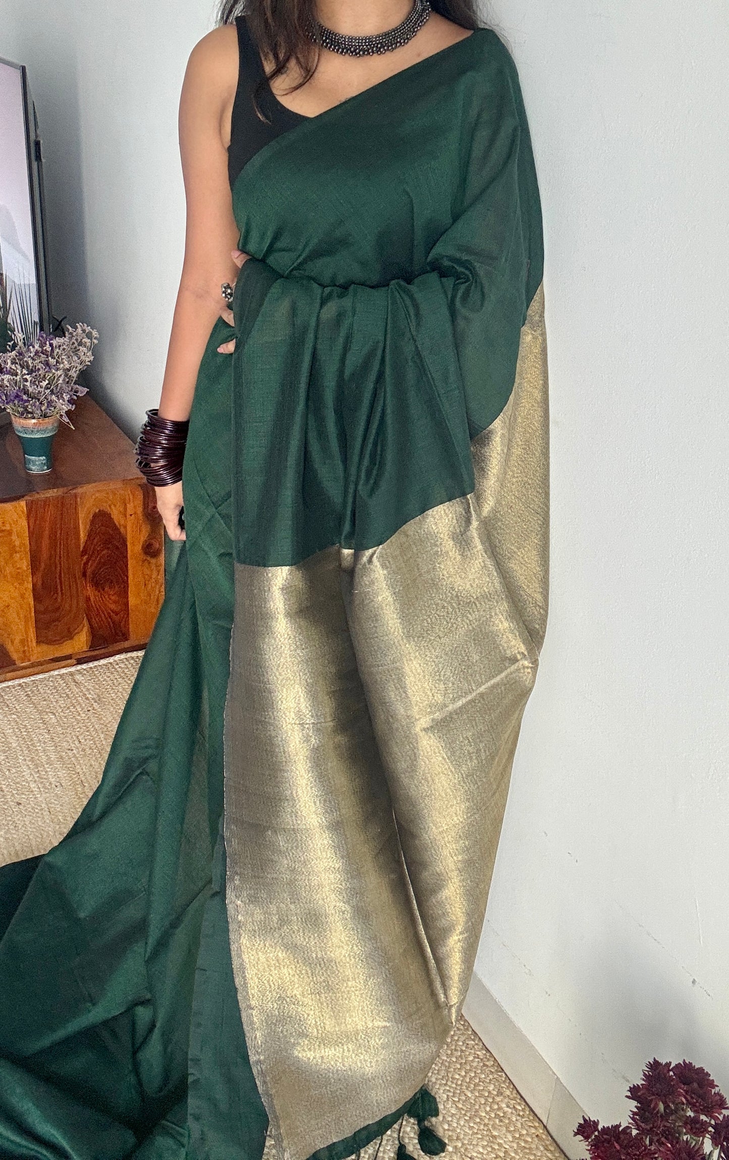 Emerald Glow - Dark green with silver gold dual tone pallu, soft khadi cotton YCBCKGP05