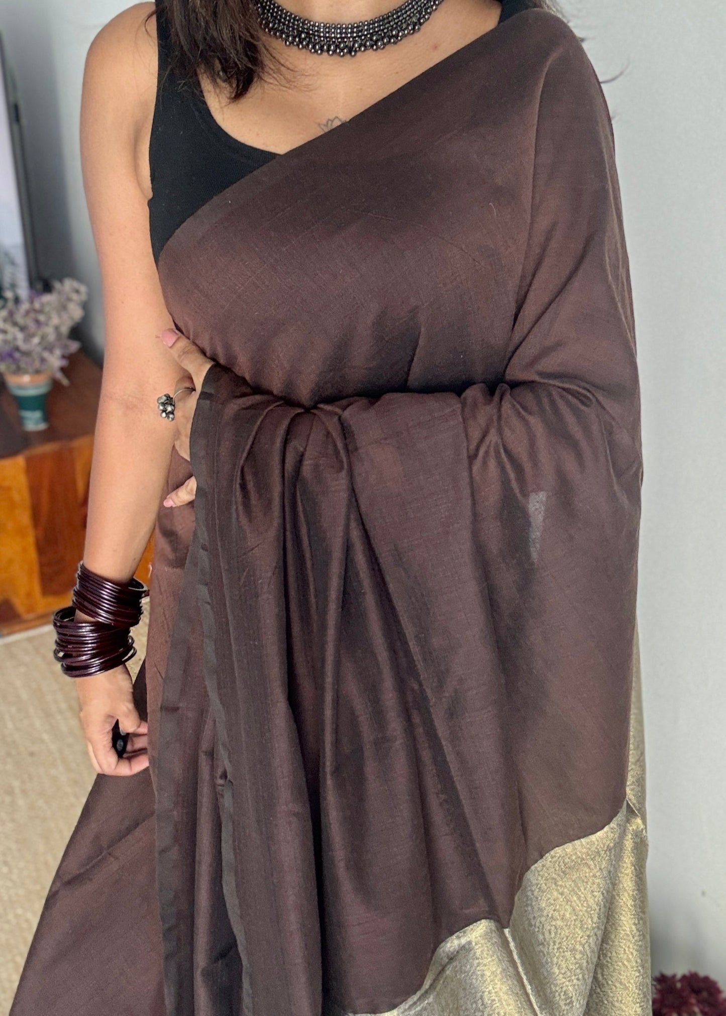 Brown Gleam - Dark brown with silver gold dual tone pallu, soft khadi cotton