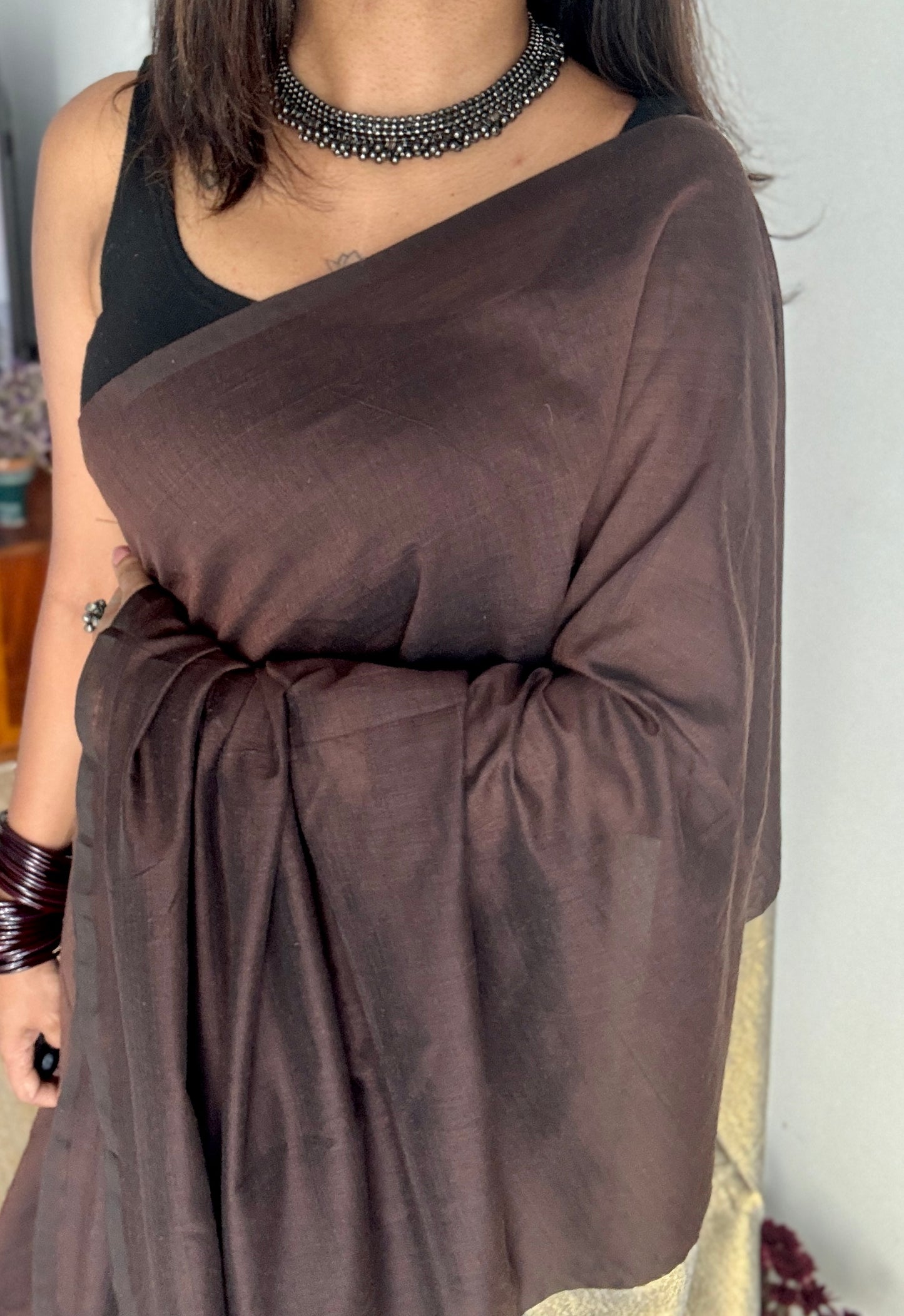 Brown Gleam - Dark brown with silver gold dual tone pallu, soft khadi cotton