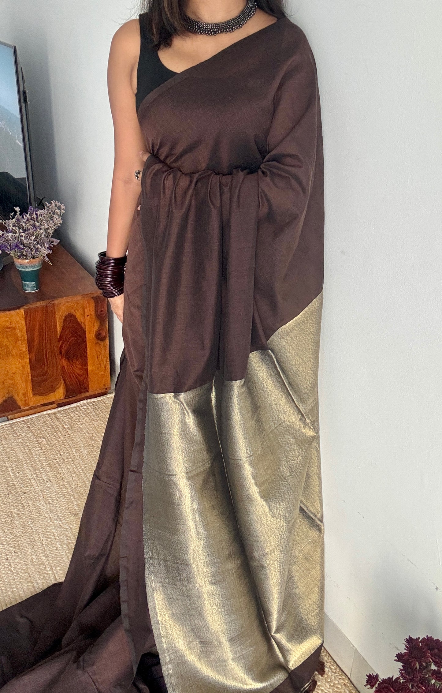 Brown Gleam - Dark brown with silver gold dual tone pallu, soft khadi cotton