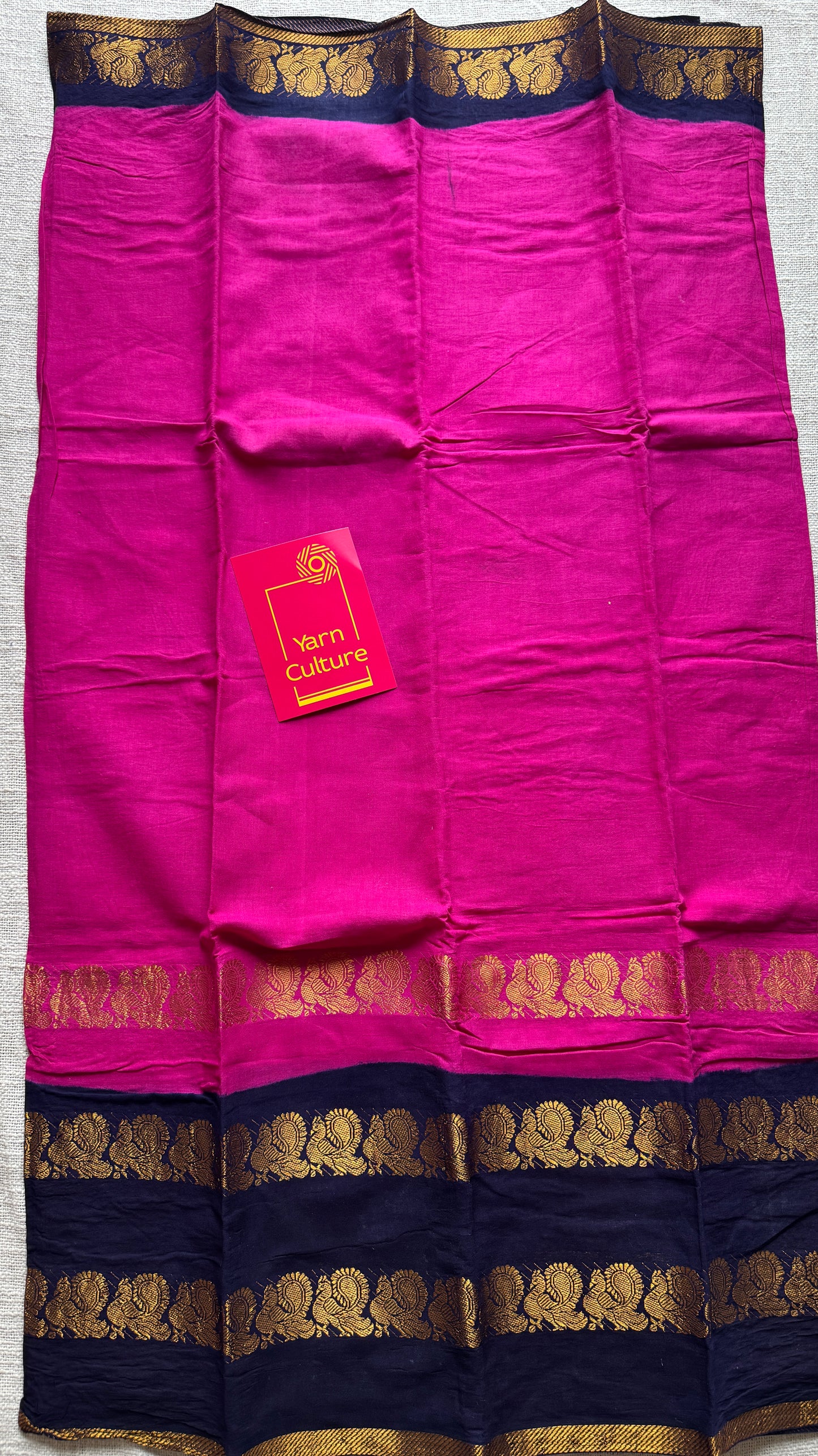Hot pink and dark blue sungudi with double peacock motif rettai pettu wide border