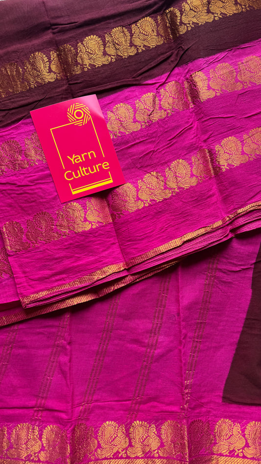 Maroon and pink sungudi with double peacock motif rettai pettu wide border - YCMCRWB03