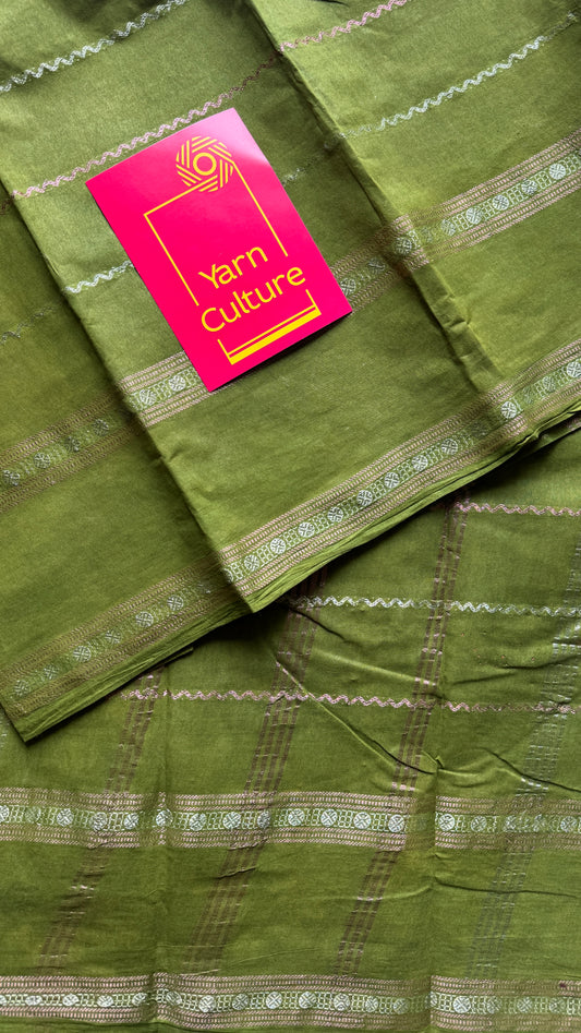 Olive green veldhaari and patterned silver zari sungudi - YCMCVS04