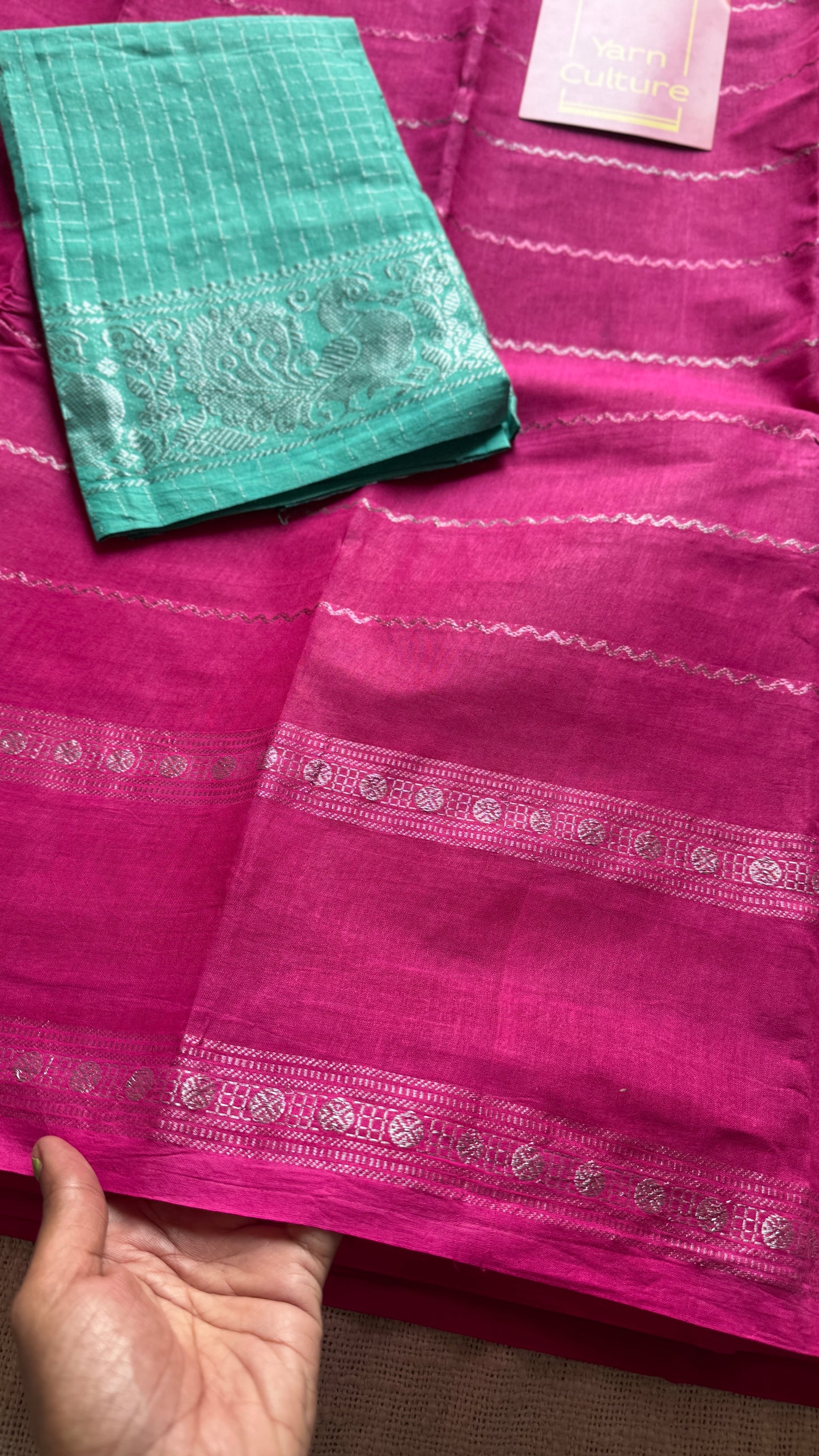 Hot Pink veldhaari and patterned silver zari sungudi - YCMCVS04