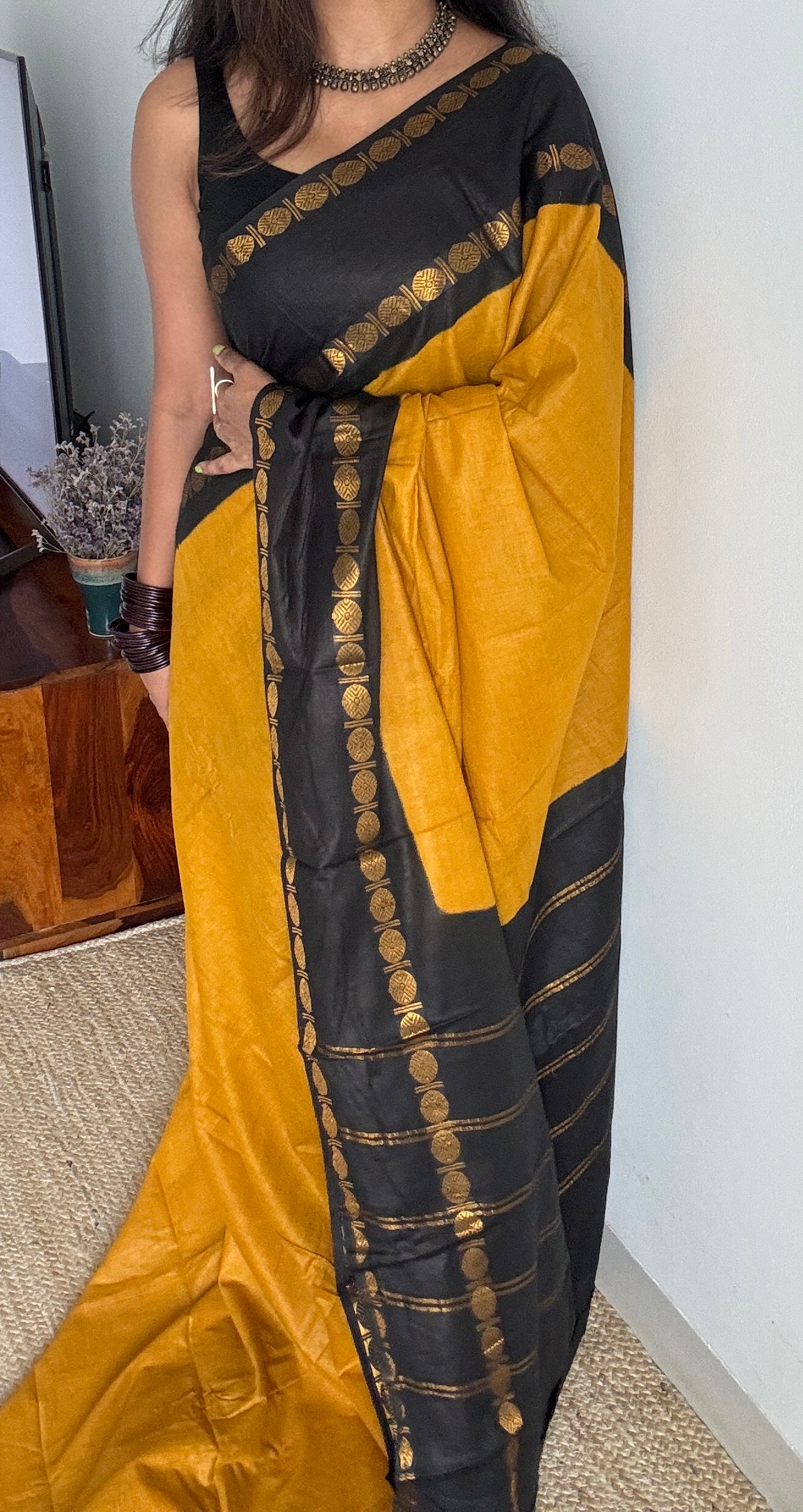 Dark yellow with black rudraksham motif border