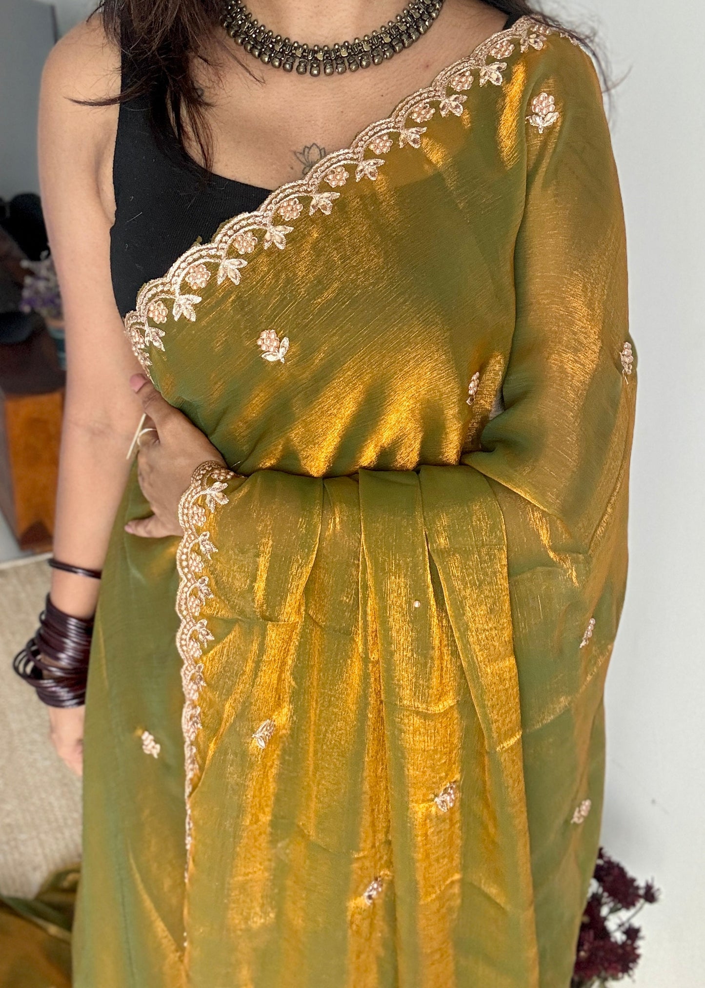 Molten Gold - dual tone with beaded embroidery, fendi satin