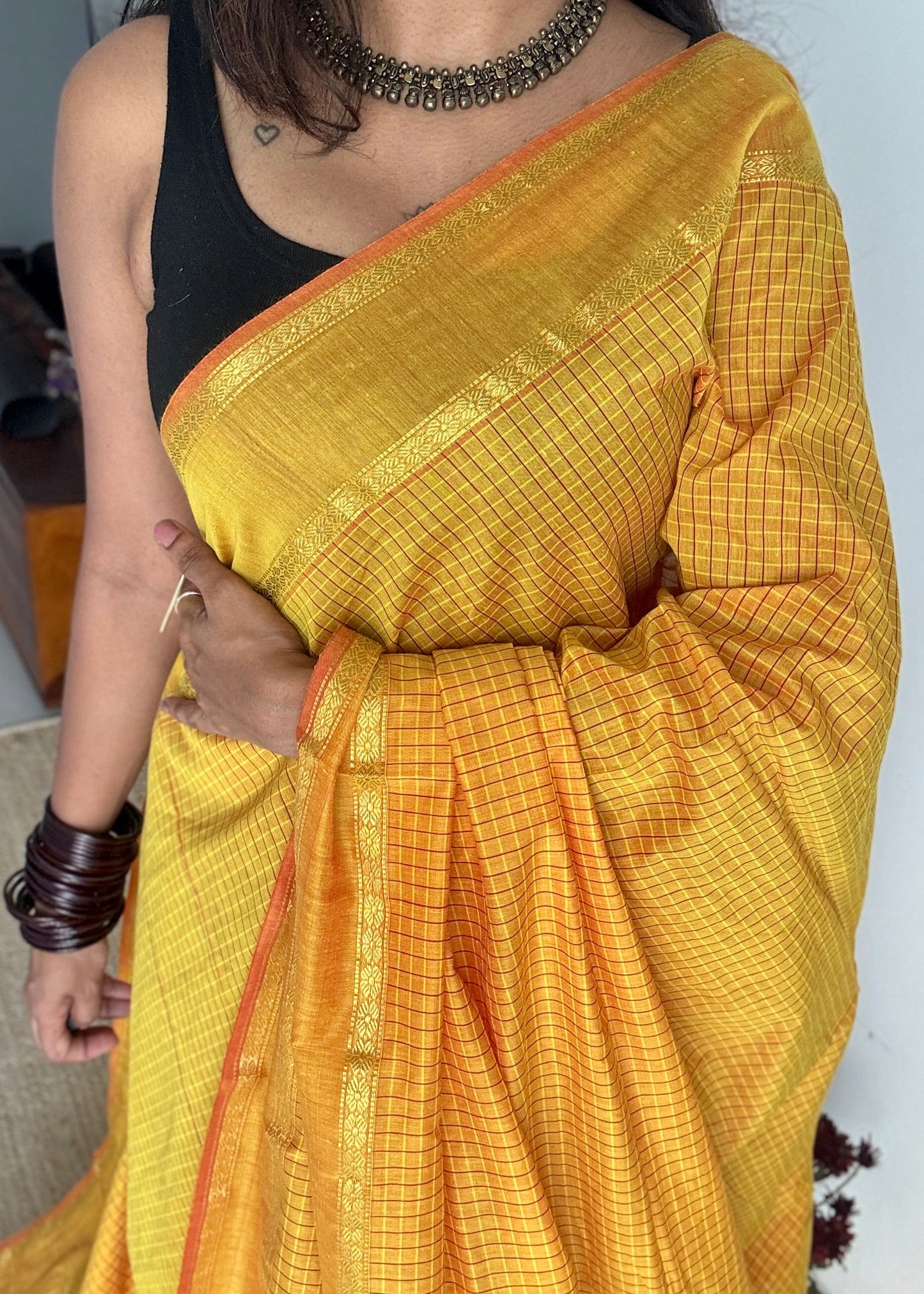Yellow (with slight hint of orange on the border) - arani checks, cotton silk - YCCOTNJUAR09