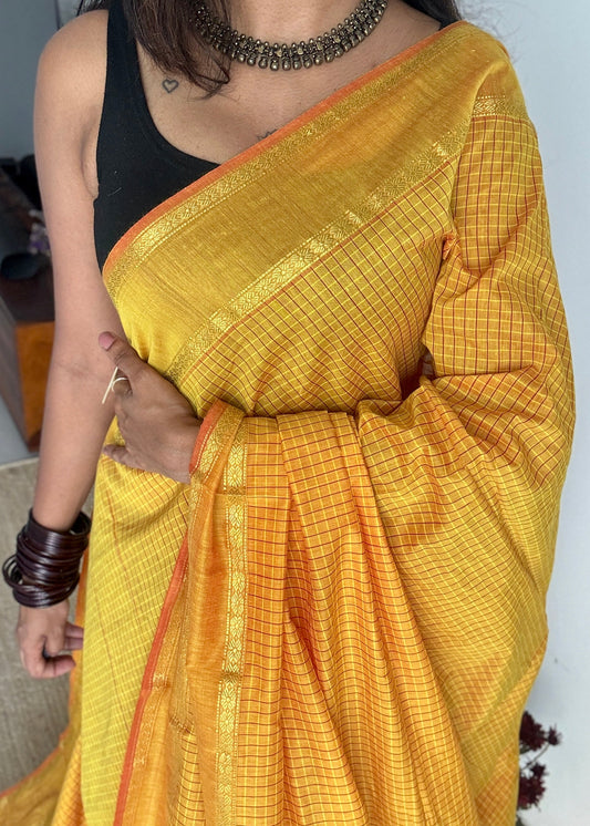 Yellow (with slight hint of orange on the border) - arani checks, cotton silk - YCCOTNJUAR09