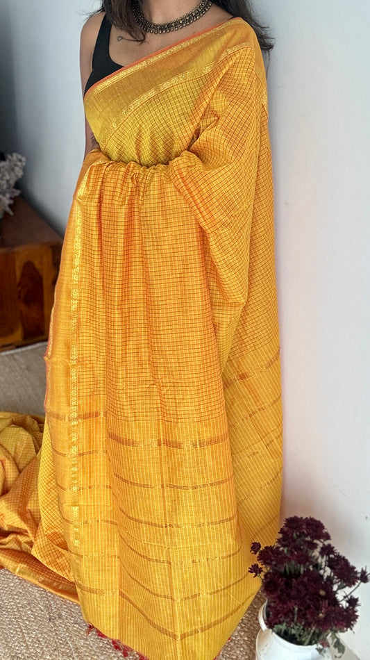Yellow (with slight hint of orange on the border) - arani checks, cotton silk - YCCOTNJUAR09