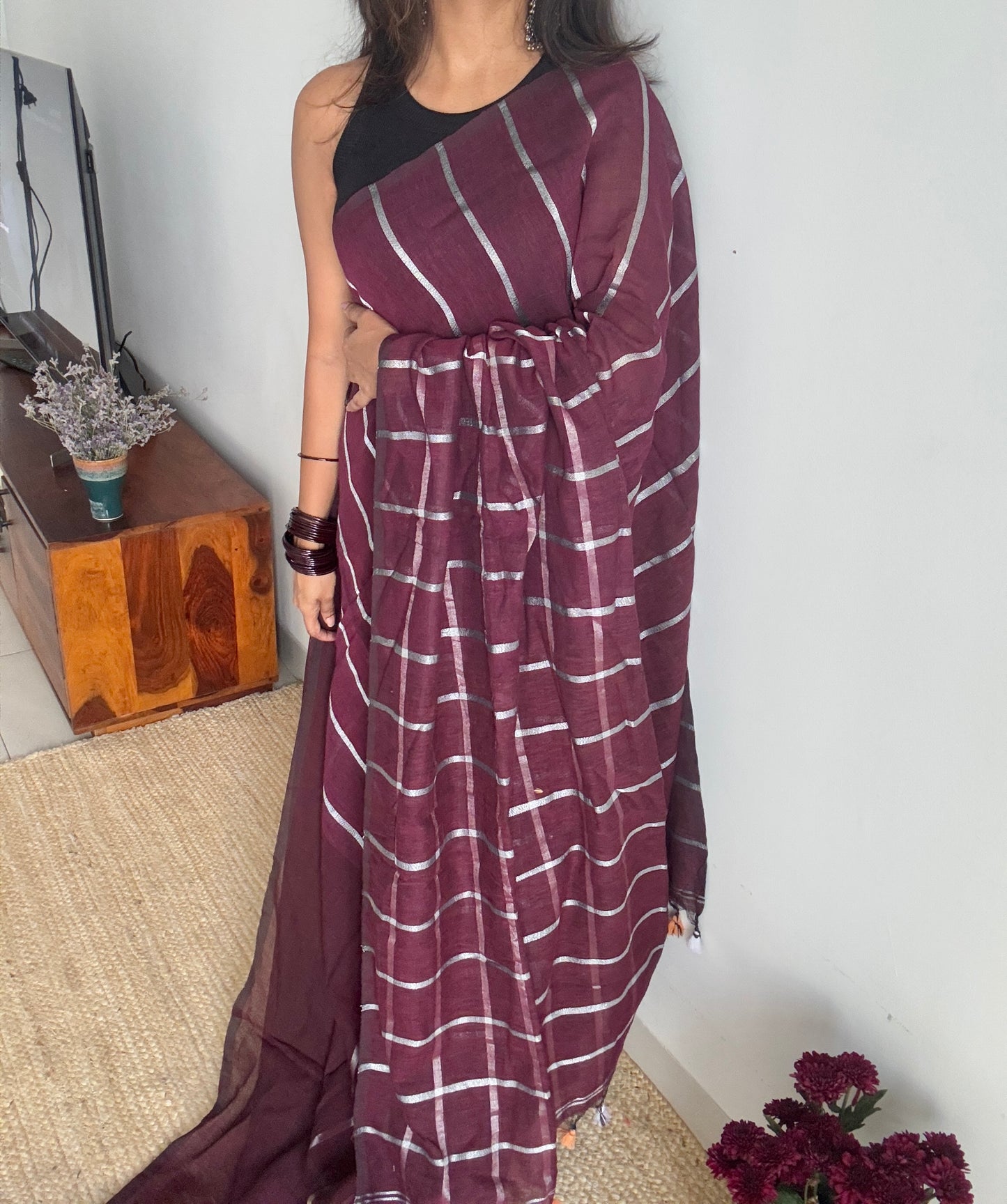 Wine with silver zari - Dyed Linen
