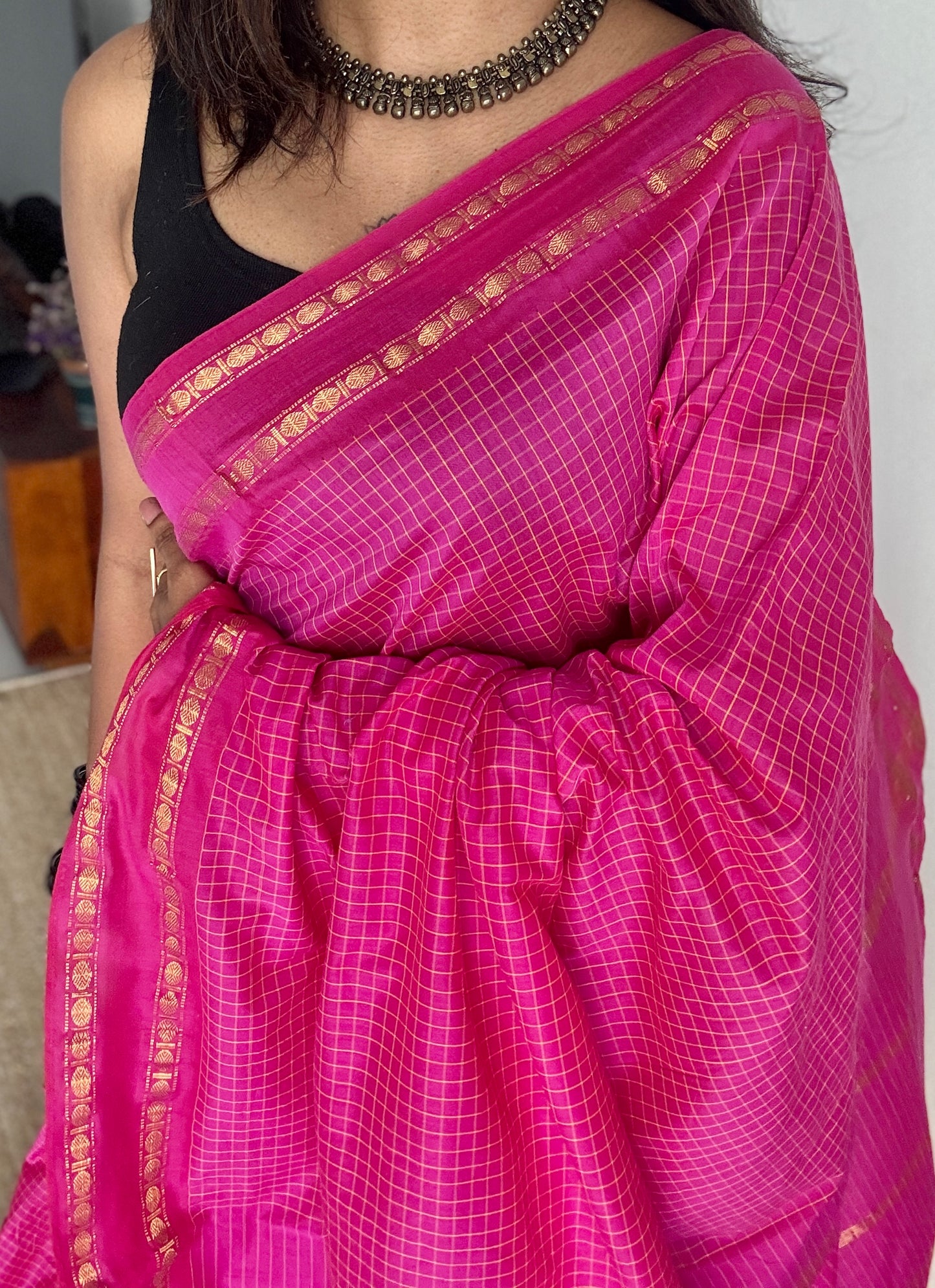Hot pink - Arani Checks in cotton silk